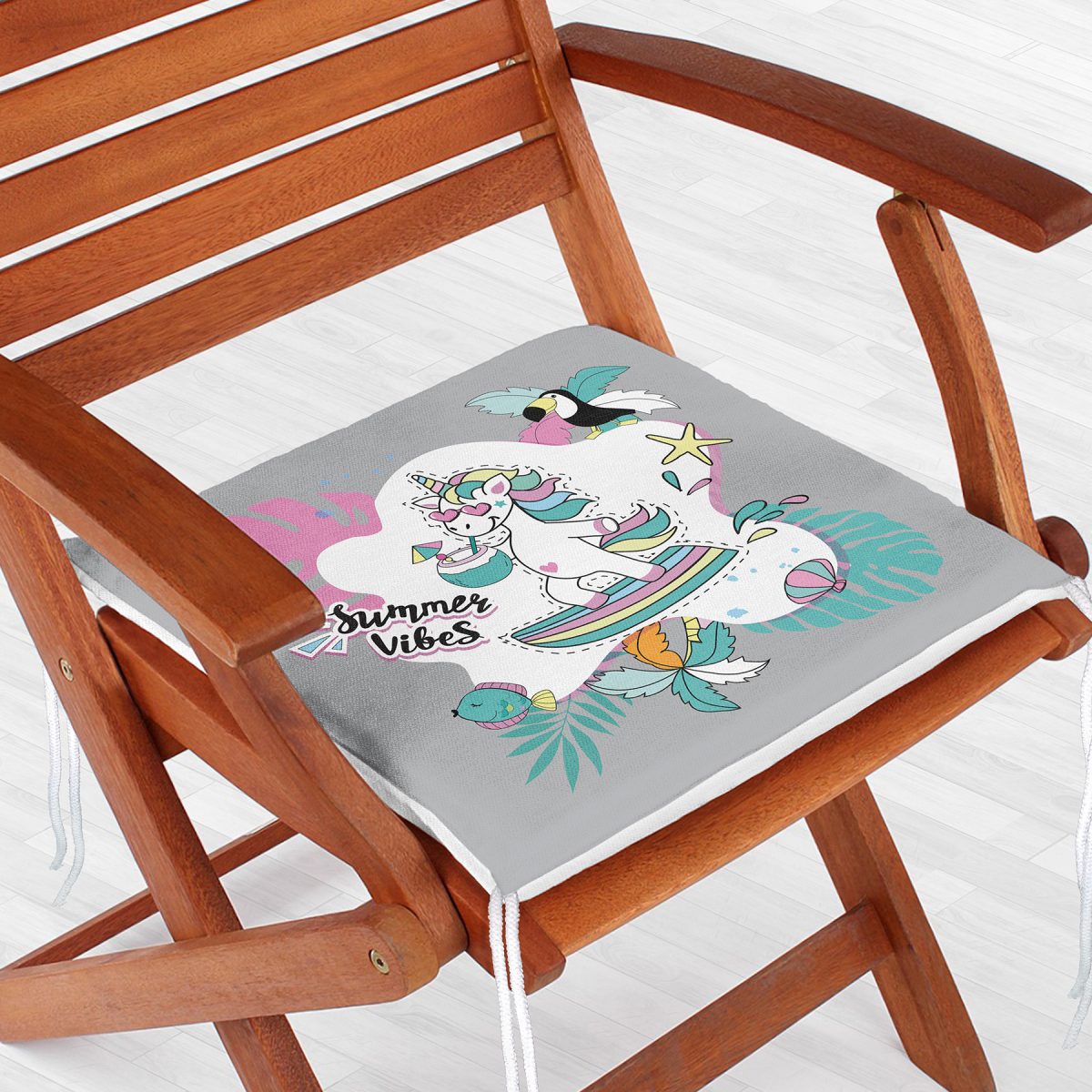 Gri Zemin Tatil Temalı Unicorn Desenli Dijital Baskılı Modern Fermuarlı Sandalye Minderi Realhomes