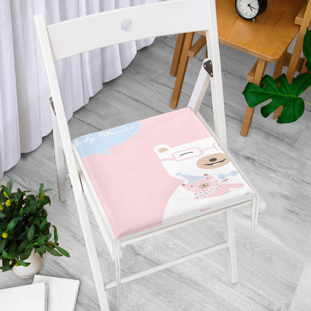 Pembe Zeminde Anne Ve Yavru Ayı Baby Shower Dijital Baskılı Çocuk Odası Fermuarlı Sandalye Minderi Realhomes