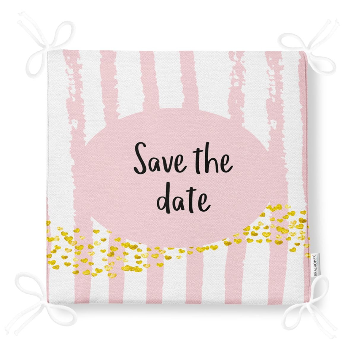 Pembe Zeminde Save The Date Motifli Modern Fermuarlı Sandalye Minderi Realhomes