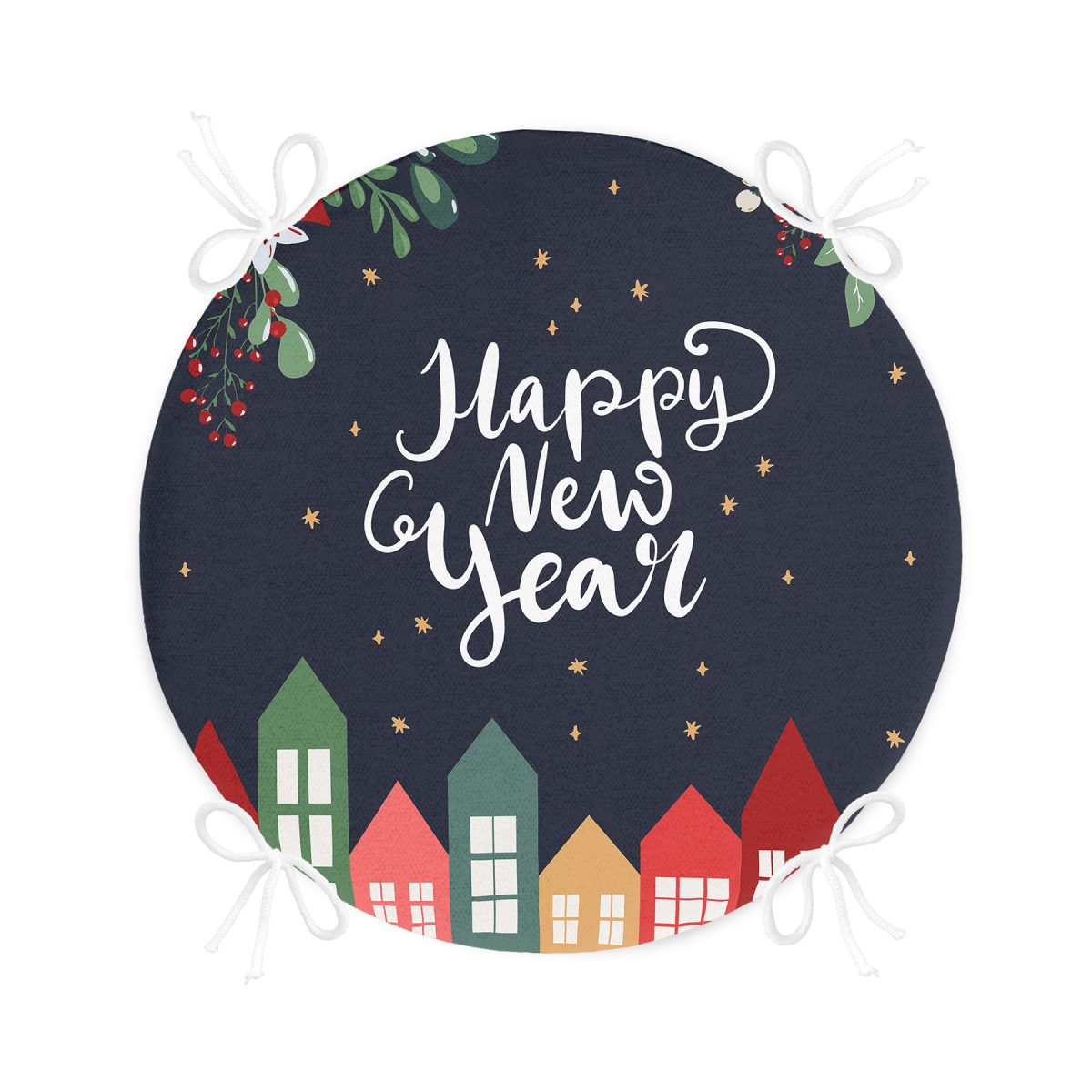 Happy New Year Tasarımlı Dijital Baskılı Yuvarlak Fermuarlı Sandalye Minderi Realhomes