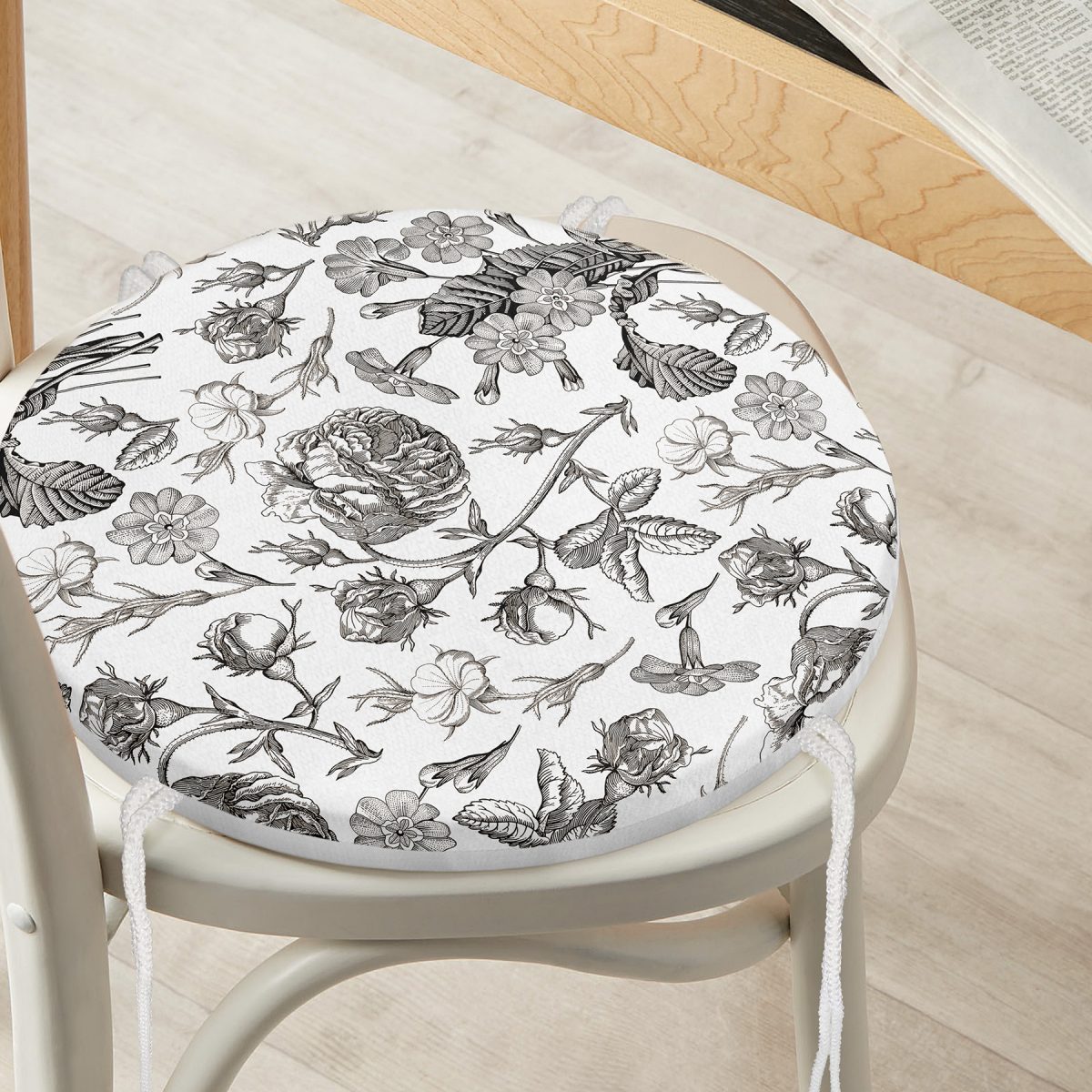 Karakalem Çiçek Desenli Dijital Baskılı Modern Yuvarlak Fermuarlı Sandalye Minderi Realhomes