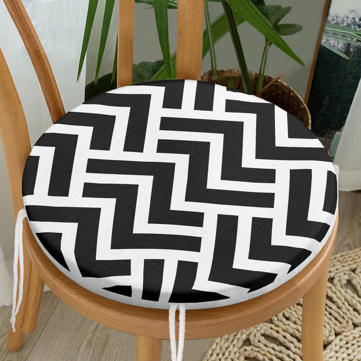 Siyah Beyaz Geometrik Desenli Yuvarlak Fermuarlı Sandalye Minderi Realhomes