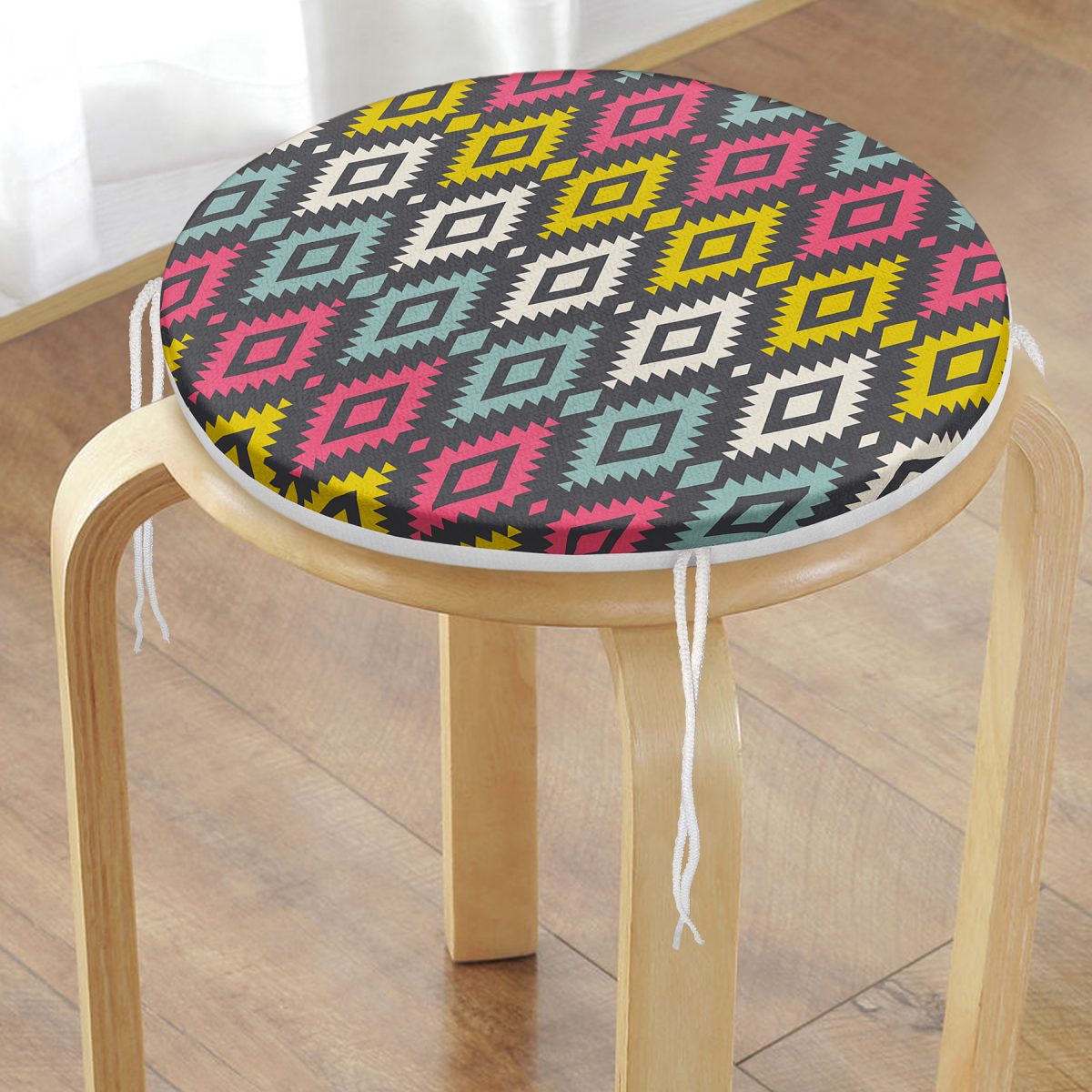 Renkli Geometrik Desenli Dijital Baskılı Yuvarlak Fermuarlı Sandalye Minderi Realhomes