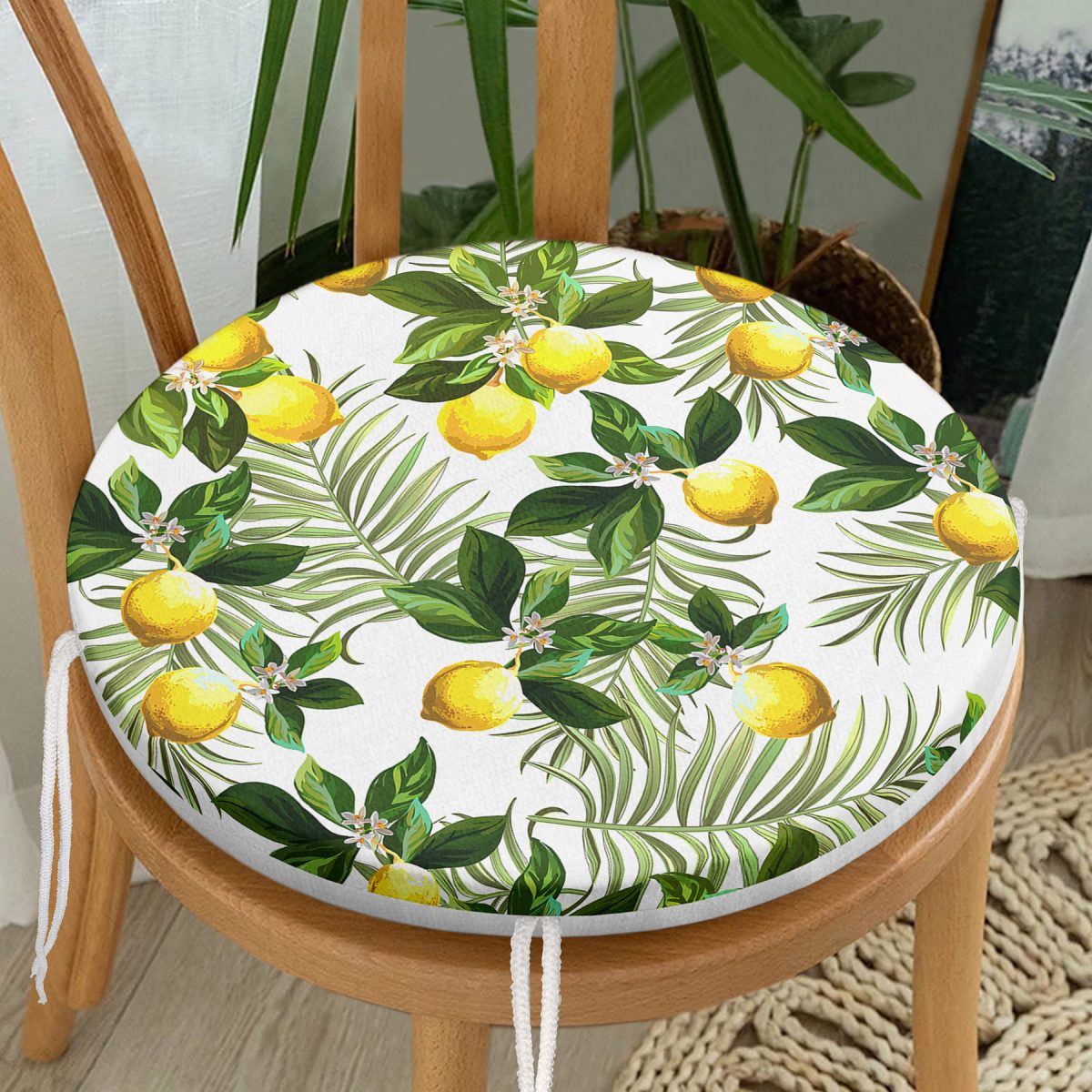 Limon Yaprakları Desenli Dijital Baskılı Yuvarlak Fermuarlı Sandalye Minderi Realhomes