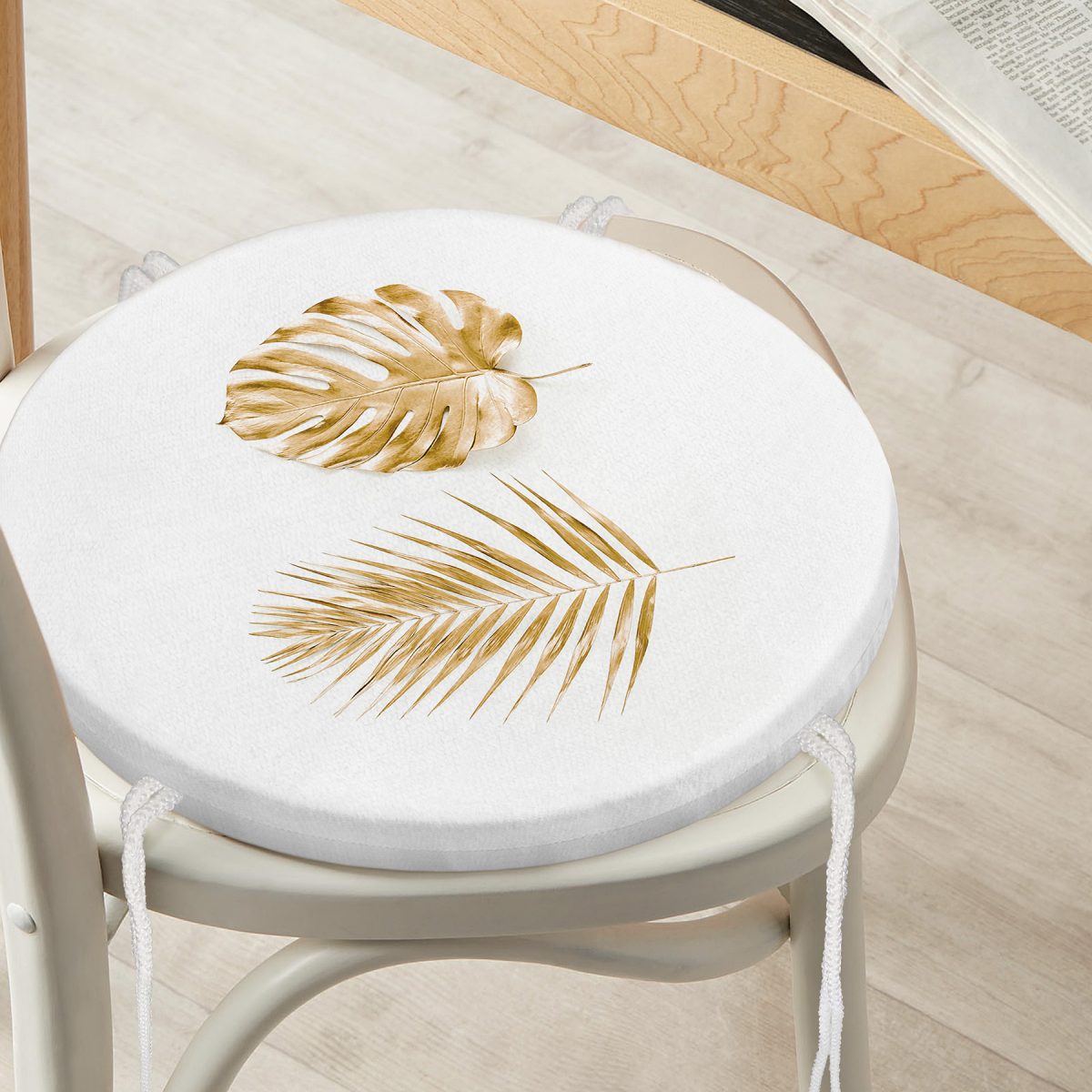 3D Altın Görünümlü Palmiye Yaprakları Modern Yuvarlak Fermuarlı Sandalye Minderi Realhomes