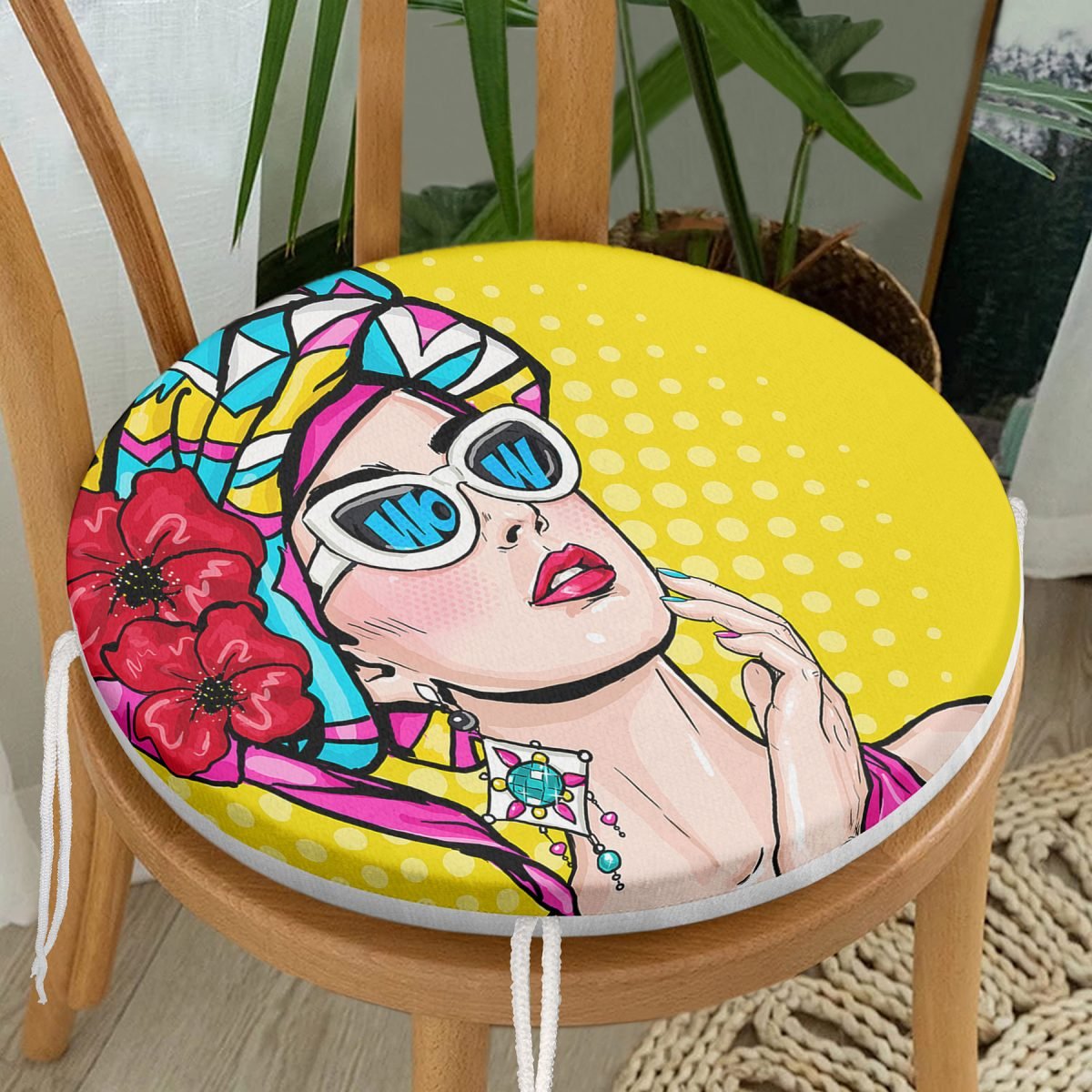 Sarı Zeminli Summer Popart Tasarımlı Yuvarlak Fermuarlı Sandalye Minderi Realhomes