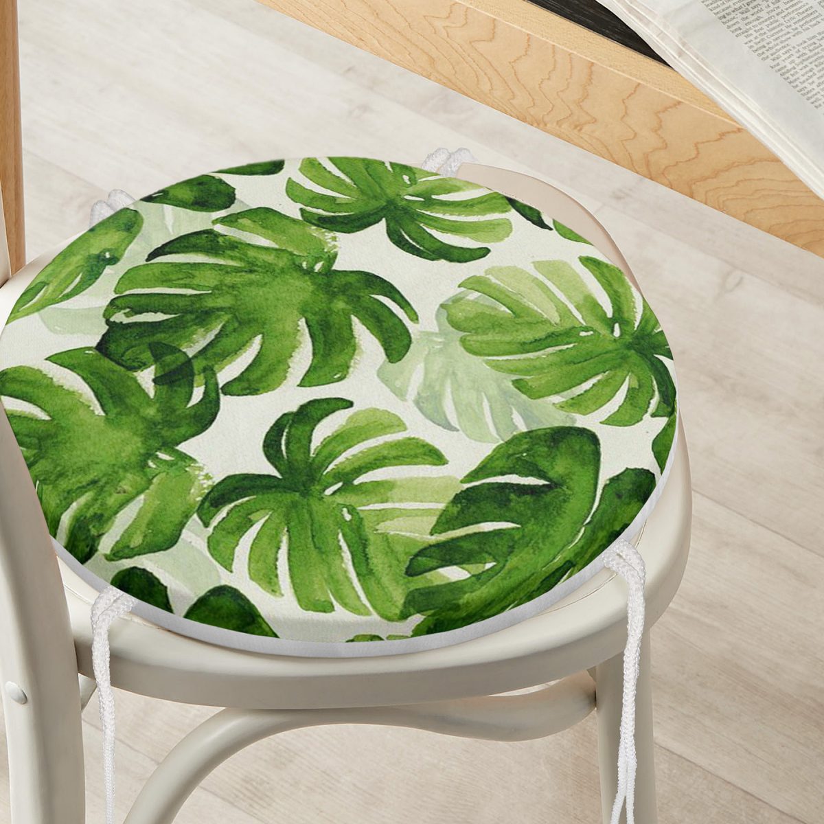 Suluboya Zambak Yaprakları Çizimli Özel Tasarım Yuvarlak Fermuarlı Sandalye Minderi Realhomes