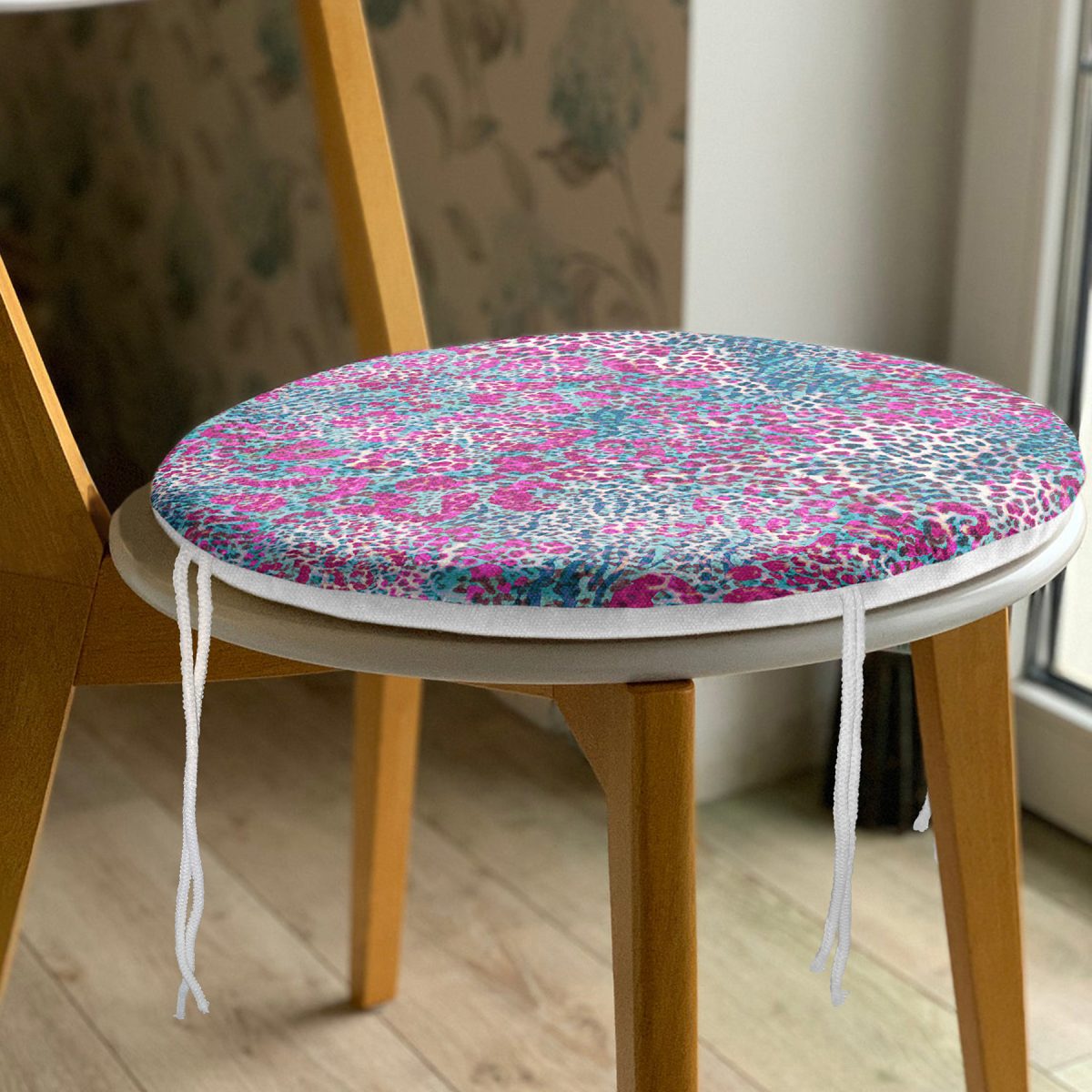 Renkli Leopar Desenli Özel tasarım Dijital Baskılı Modern Yuvarlak Fermuarlı Sandalye Minderi Realhomes