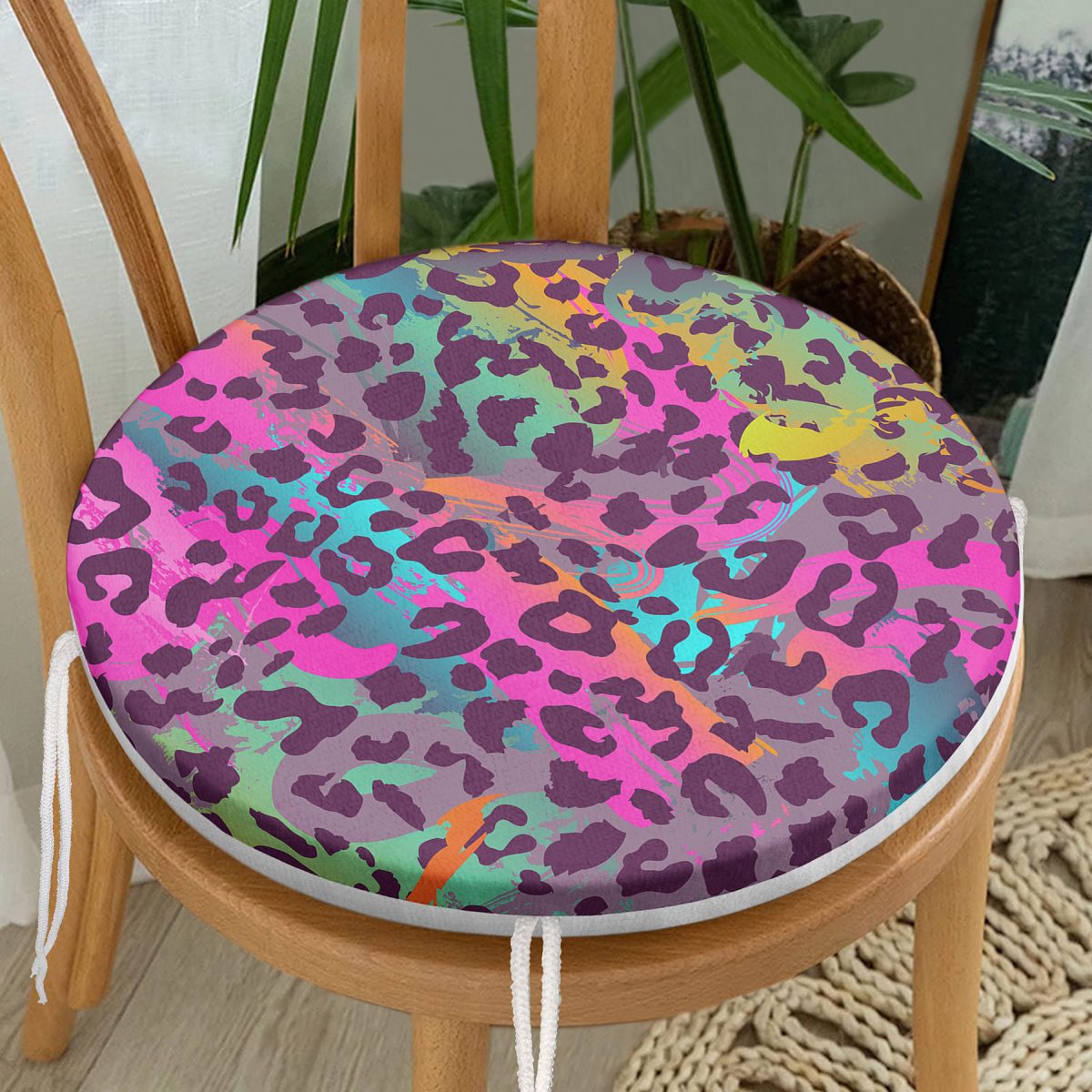 Renkli Leopar Desenli Dijital Baskılı Modern Yuvarlak Fermuarlı Sandalye Minderi Realhomes