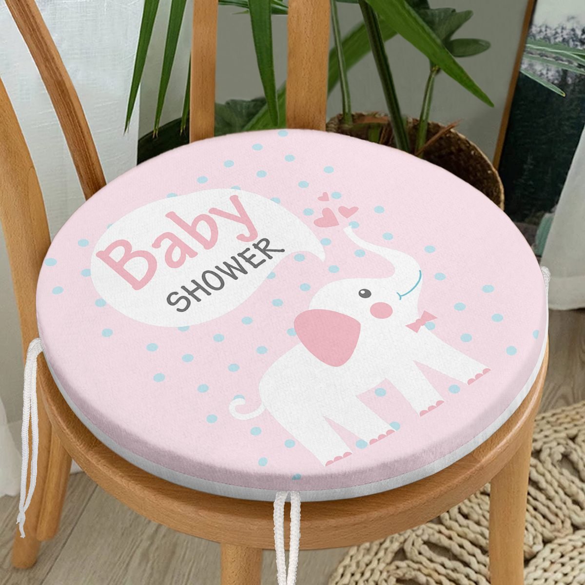 Pembe Zeminli Baby Shower Temalı Özel Tasarımlı Dijital Baskılı Çocuk Odası Yuvarlak Fermuarlı Sandalye Minderi Realhomes