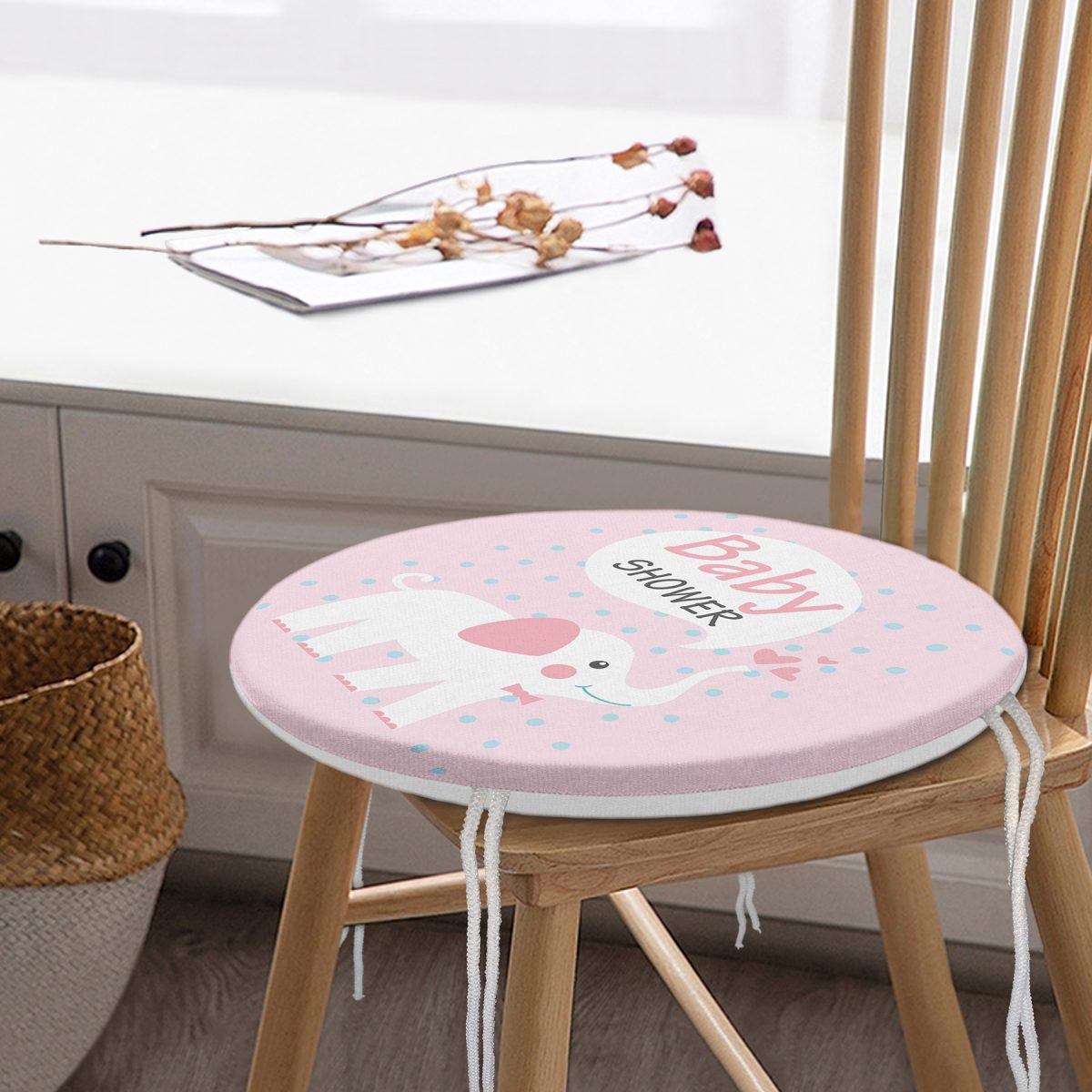 Pembe Zeminli Baby Shower Temalı Özel Tasarımlı Dijital Baskılı Çocuk Odası Yuvarlak Fermuarlı Sandalye Minderi Realhomes