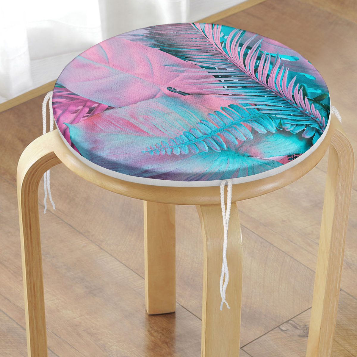 Büyüleyici Renklerde Tropik Yaprak Desenli Yuvarlak Fermuarlı Sandalye Minderi Realhomes