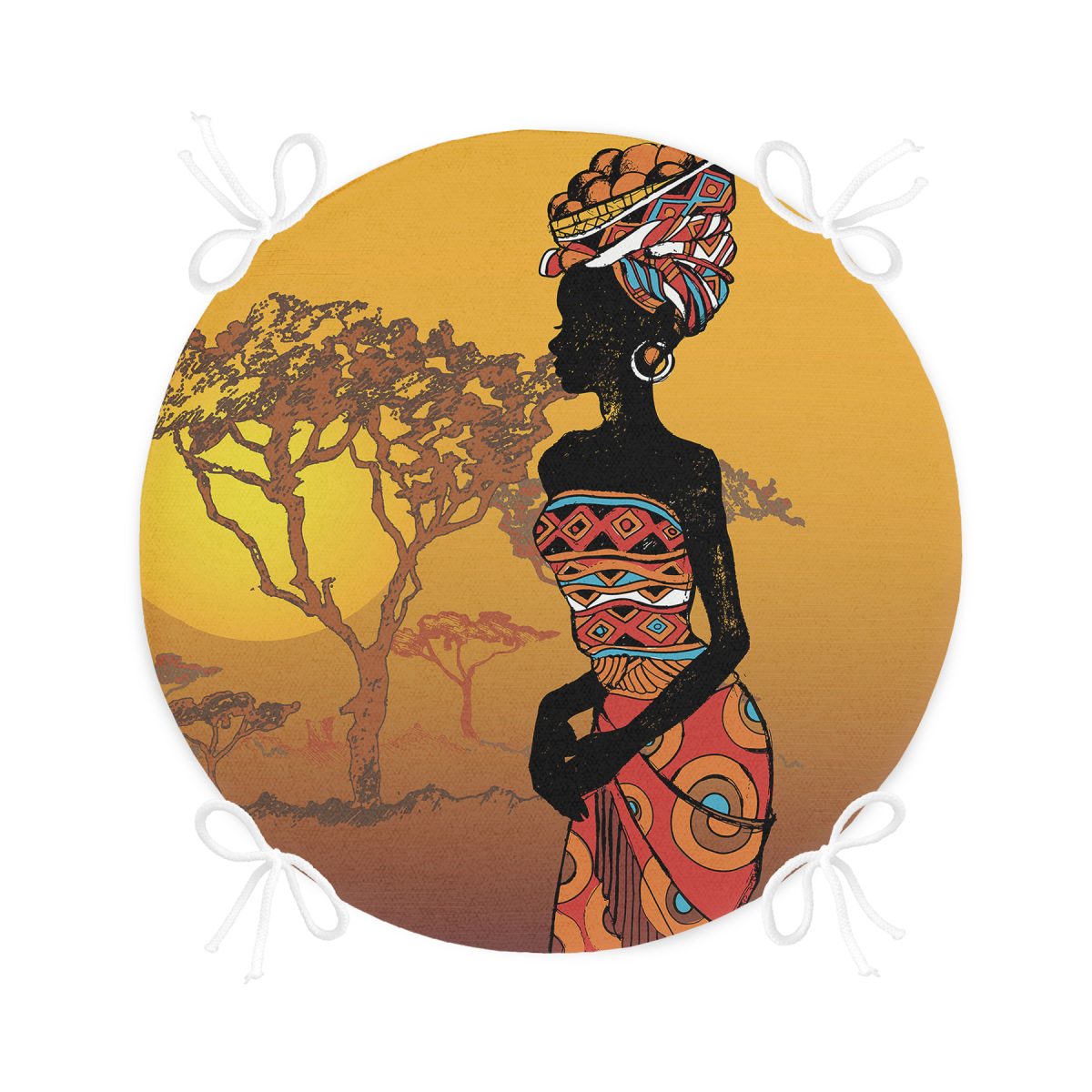Gün Batımında Ağaç Zeminli Afrika Kadın Motifli Yuvarlak Fermuarlı Sandalye Minderi Realhomes