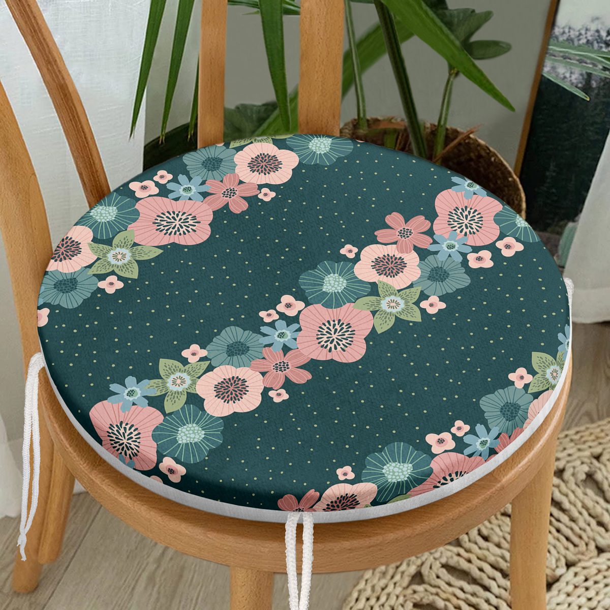 Renkli Zemin Üzerinde Çiçek Desenli Dijital Baskılı Modern Yuvarlak Fermuarlı Sandalye Minderi Realhomes