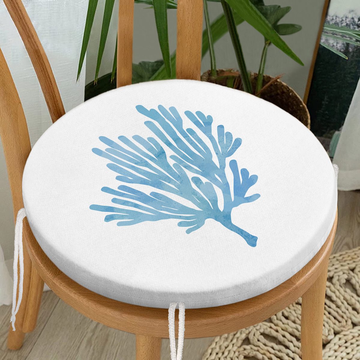 Beyaz Zemin Üzerinde Pastel Renkli Yaprak Desenli Dijital Baskılı Modern Yuvarlak Fermuarlı Sandalye Minderi Realhomes