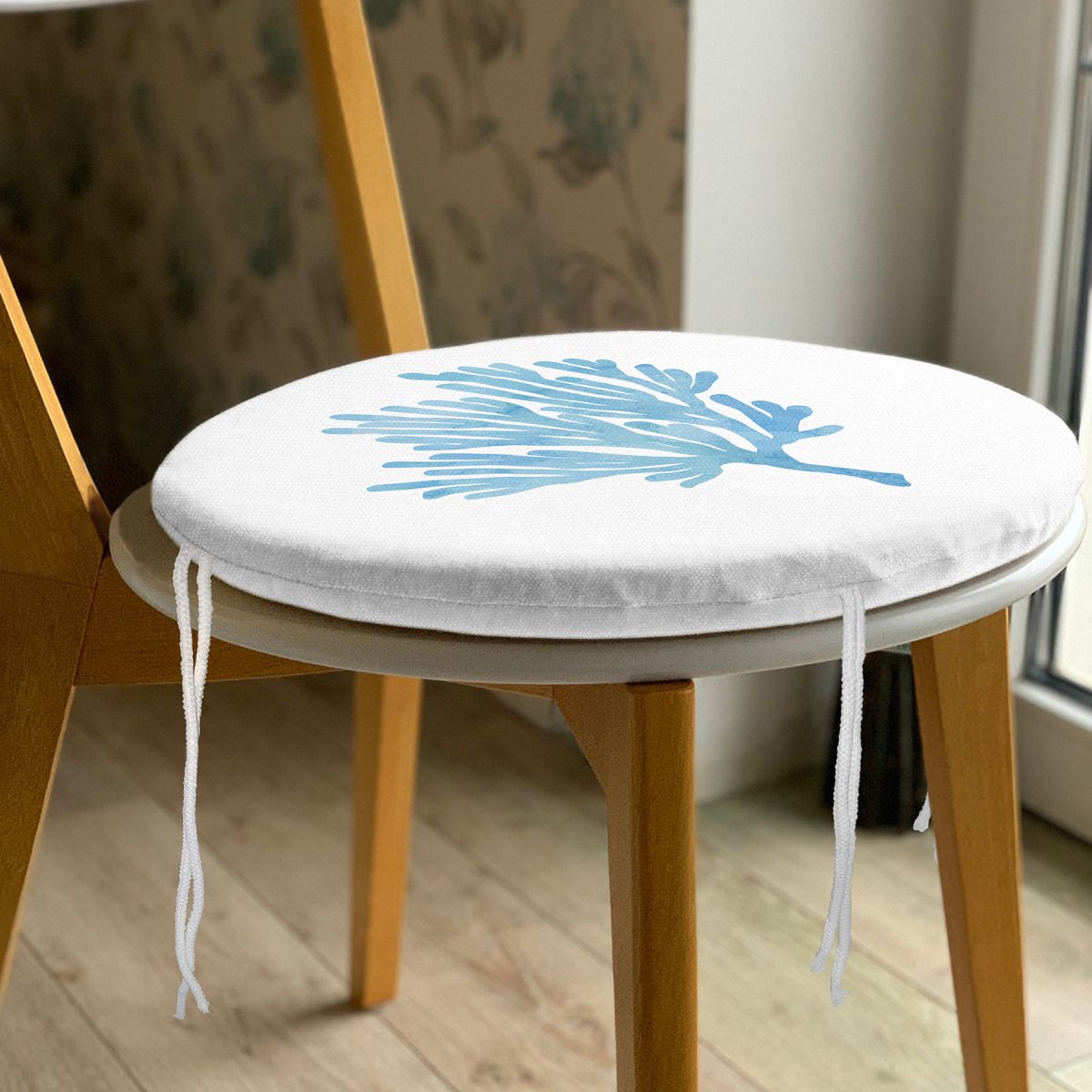 Beyaz Zemin Üzerinde Pastel Renkli Yaprak Desenli Dijital Baskılı Modern Yuvarlak Fermuarlı Sandalye Minderi Realhomes