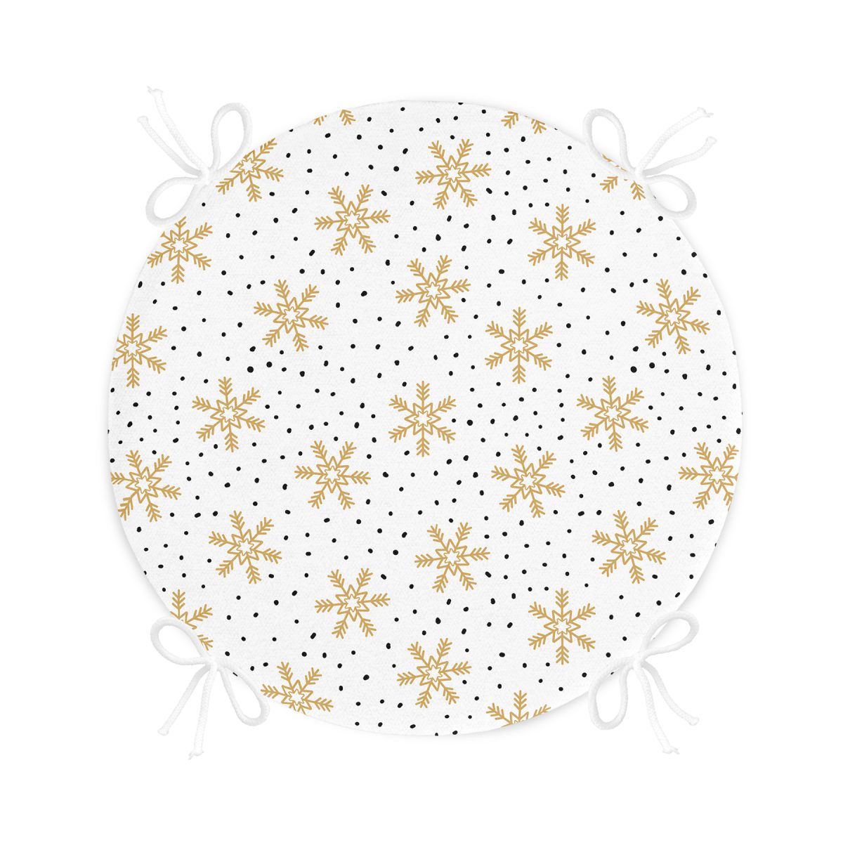 Beyaz Zemin Üzerinde Gold Detaylı Kar tanesi Dijital Baskılı Modern Yuvarlak Fermuarlı Sandalye Minderi Realhomes