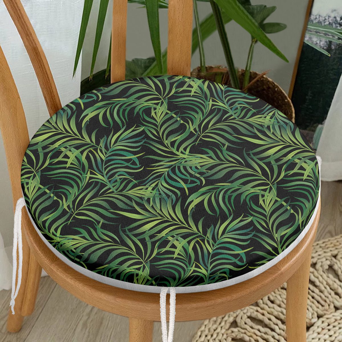 Siyah Zemin Üzerinde Yeşil Yaprak Desenli Dijital Baskılı Modern Yuvarlak Fermuarlı Sandalye Minderi Realhomes