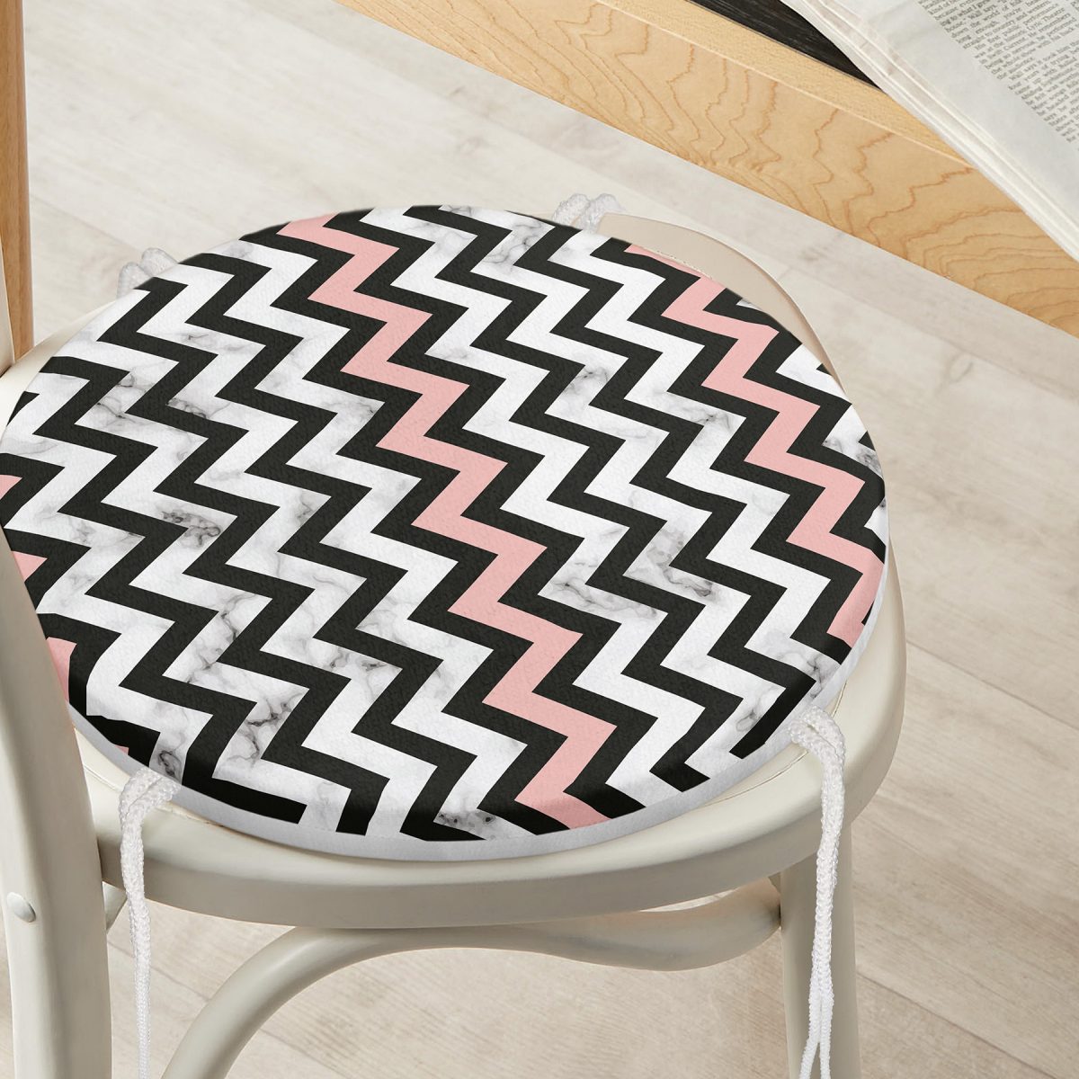 Mermer Zeminli Renkli Geometrik Zikzak Desenli Dijital Baskılı Modern Yuvarlak Fermuarlı Sandalye Minderi Realhomes