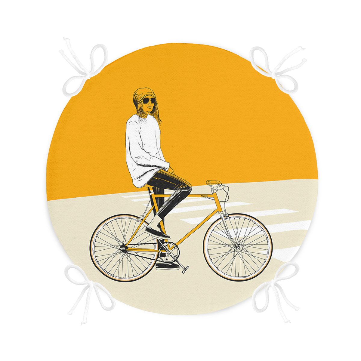 Sarı Krem Zemin Bisikletli Adam Motifli Yuvarlak Fermuarlı Sandalye Minderi Realhomes