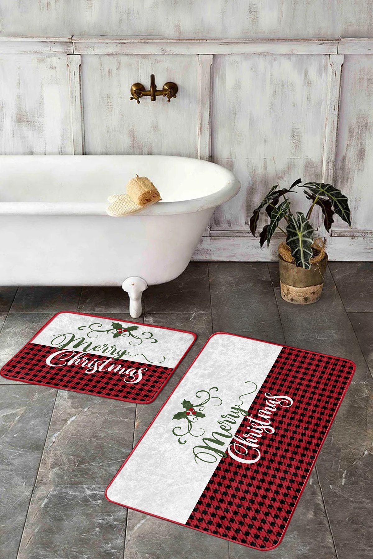 Mery Christmas Motifli 2'li Banyo Paspas Takımı & Mutfak Paspas Seti Realhomes