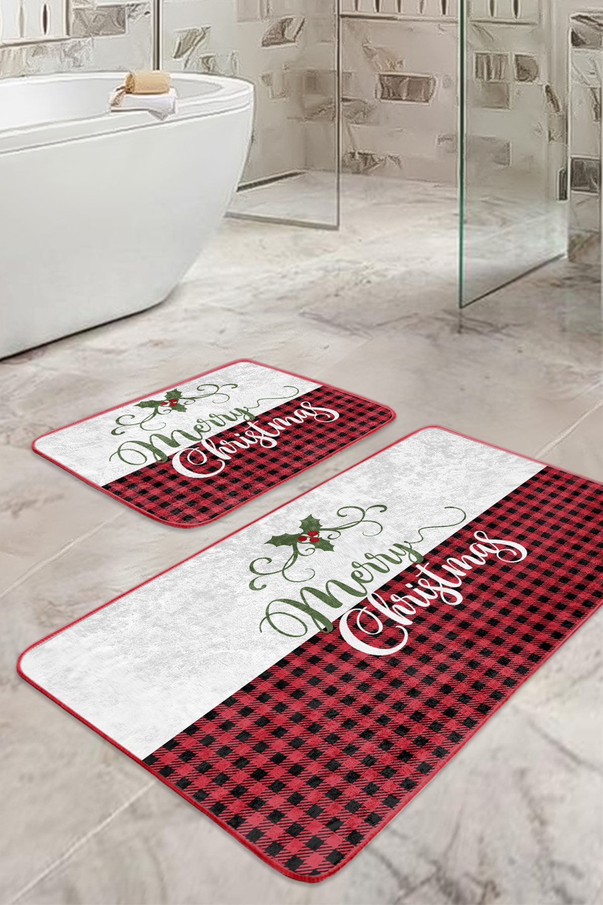 Mery Christmas Motifli 2'li Banyo Paspas Takımı & Mutfak Paspas Seti Realhomes