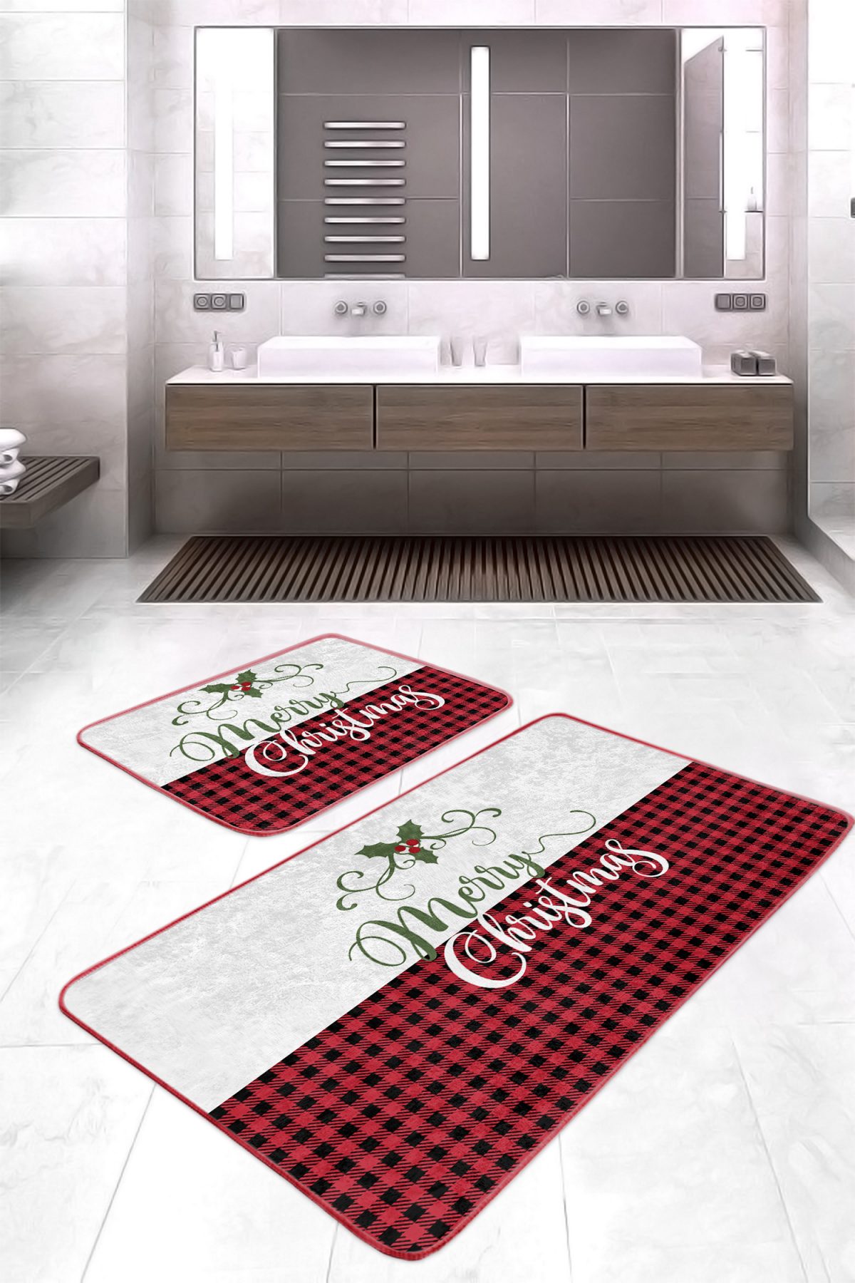 Mery Christmas Motifli 2'li Banyo Paspas Takımı & Mutfak Paspas Seti Realhomes