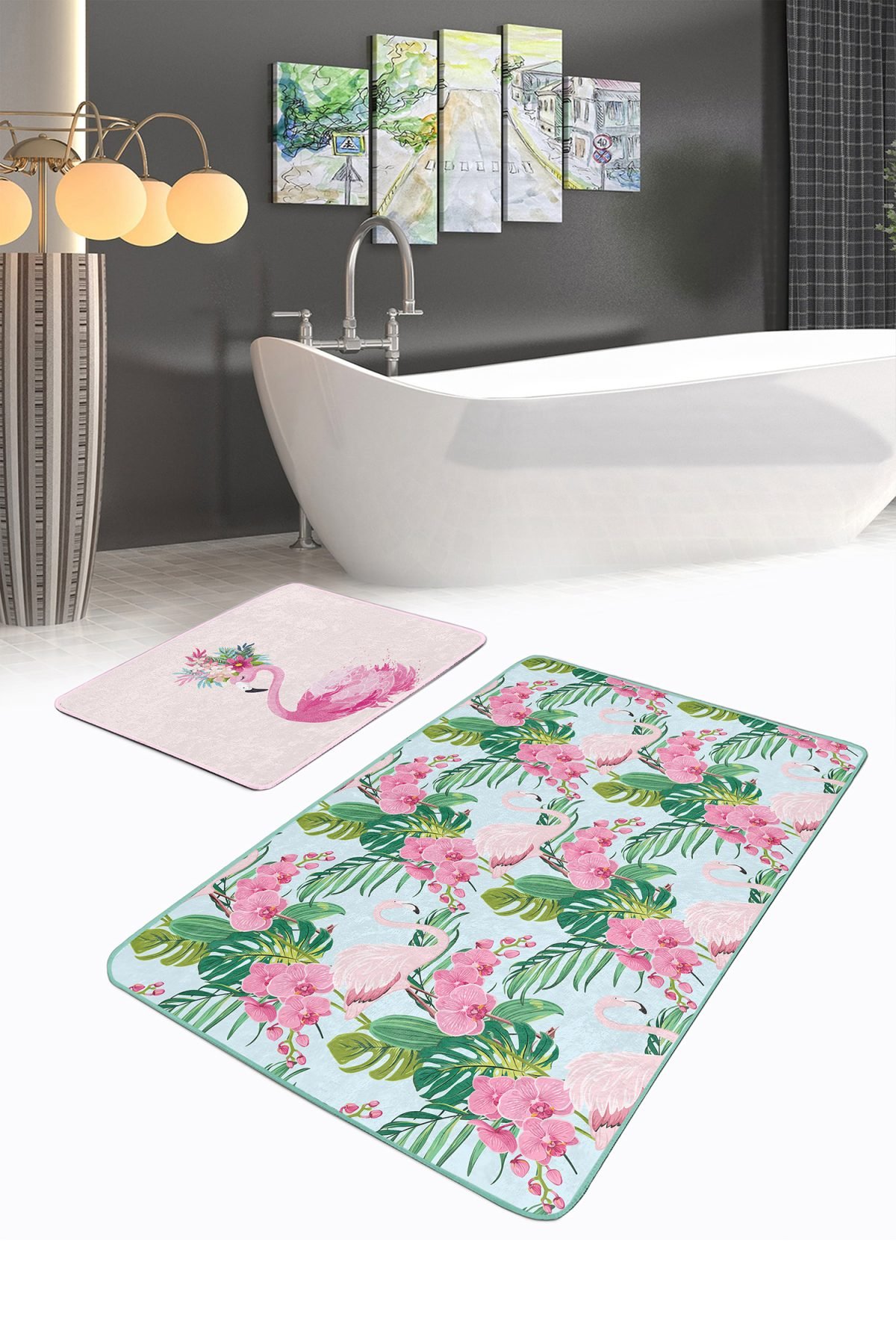 Flamingo Motifli Renkli 2'li Banyo Paspas Takımı & Banyo Halı Seti Realhomes