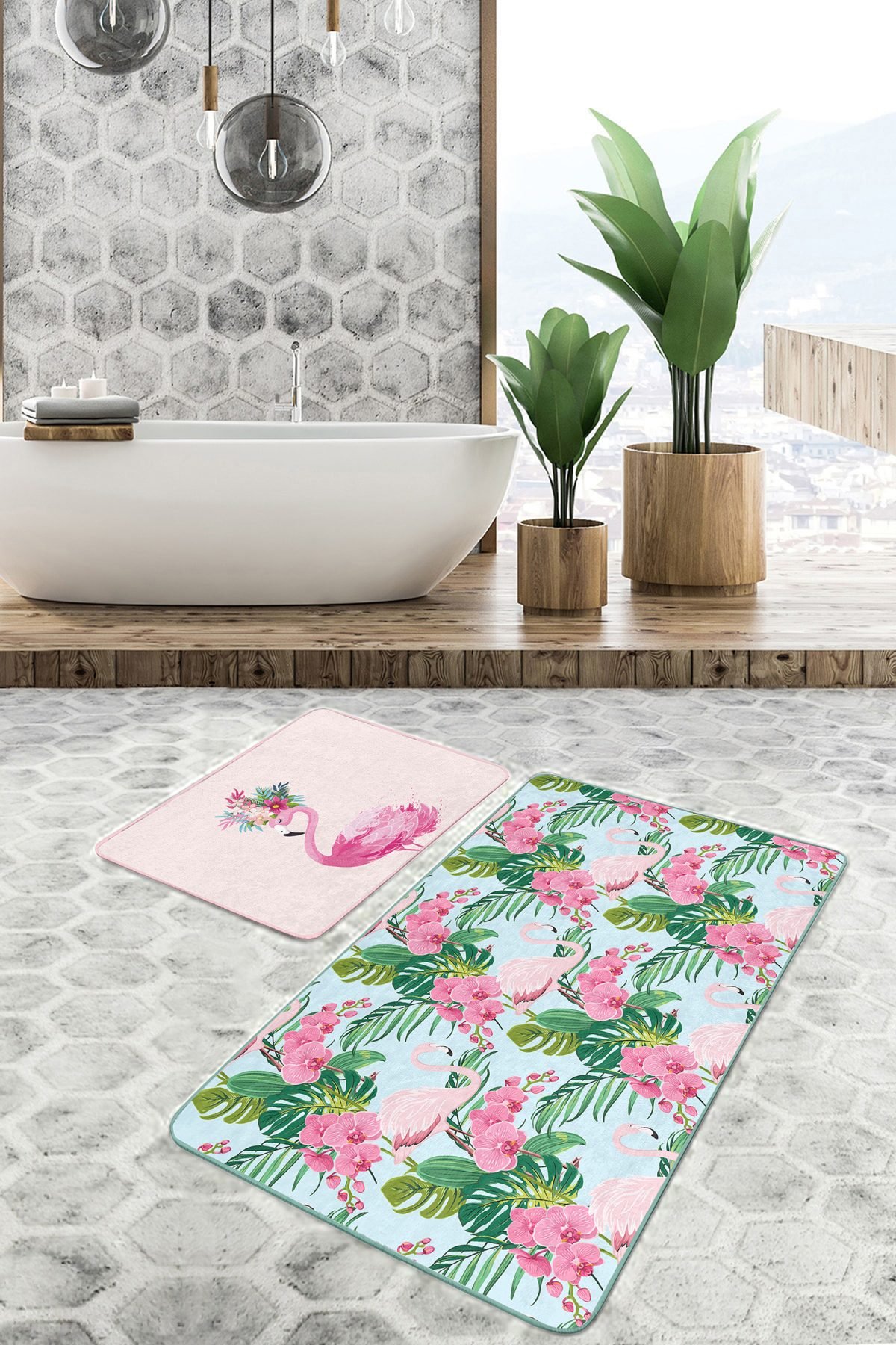 Flamingo Motifli Renkli 2'li Banyo Paspas Takımı & Banyo Halı Seti Realhomes