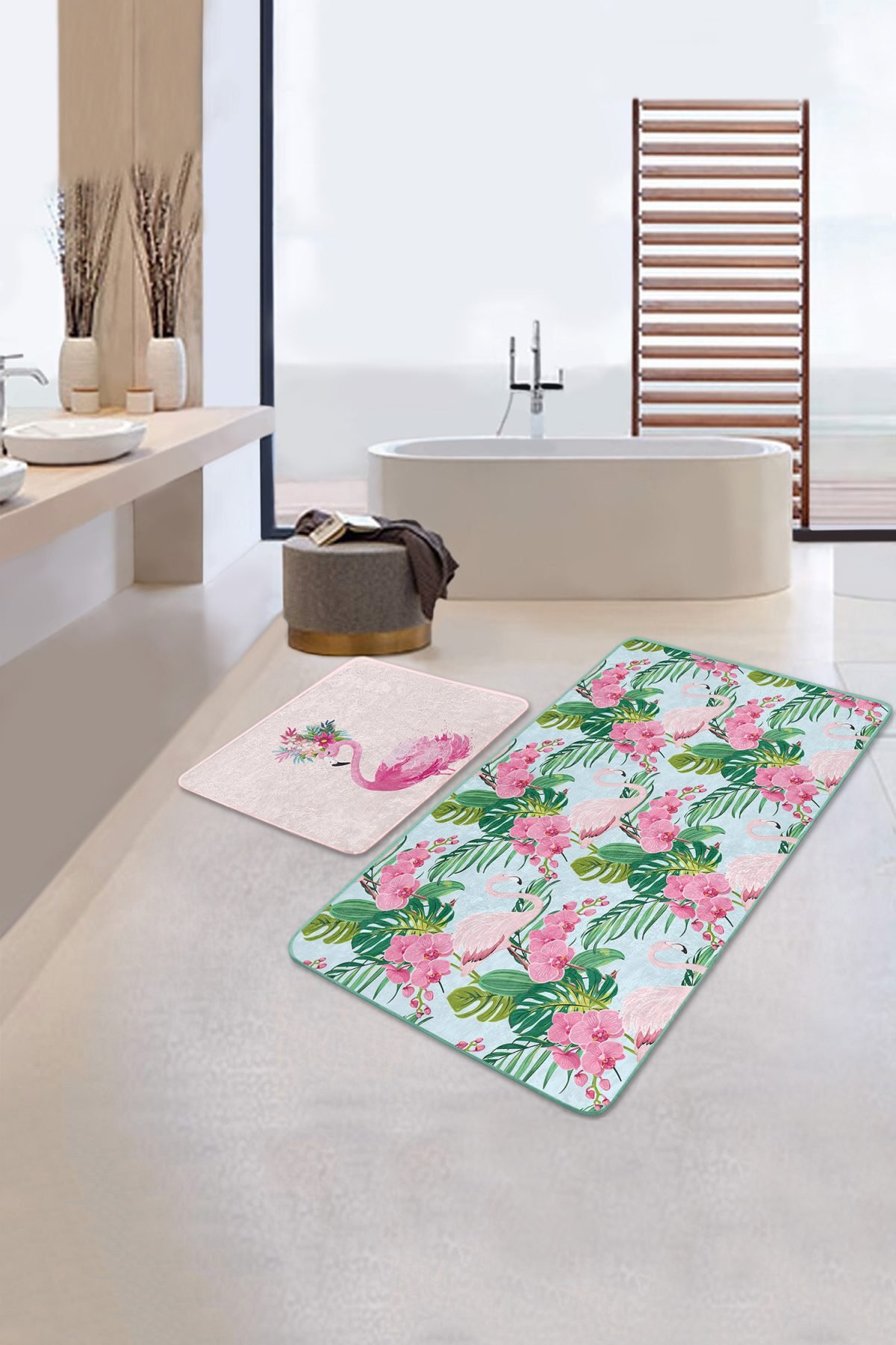 Flamingo Motifli Renkli 2'li Banyo Paspas Takımı & Banyo Halı Seti Realhomes