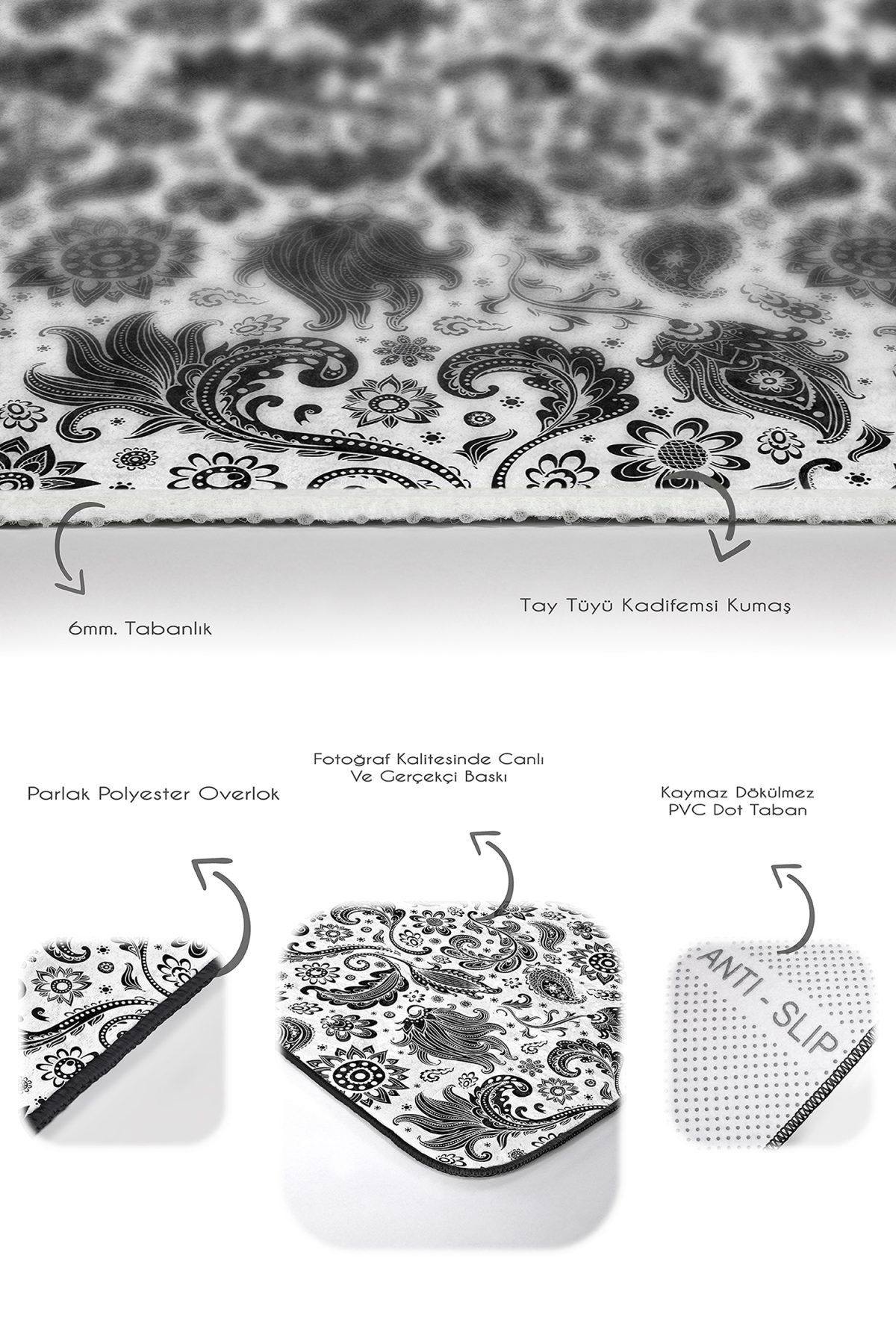 Siyah Beyaz Çiçek Motifli 2'li Banyo Halı Takımı & Mutfak Paspas Seti Realhomes