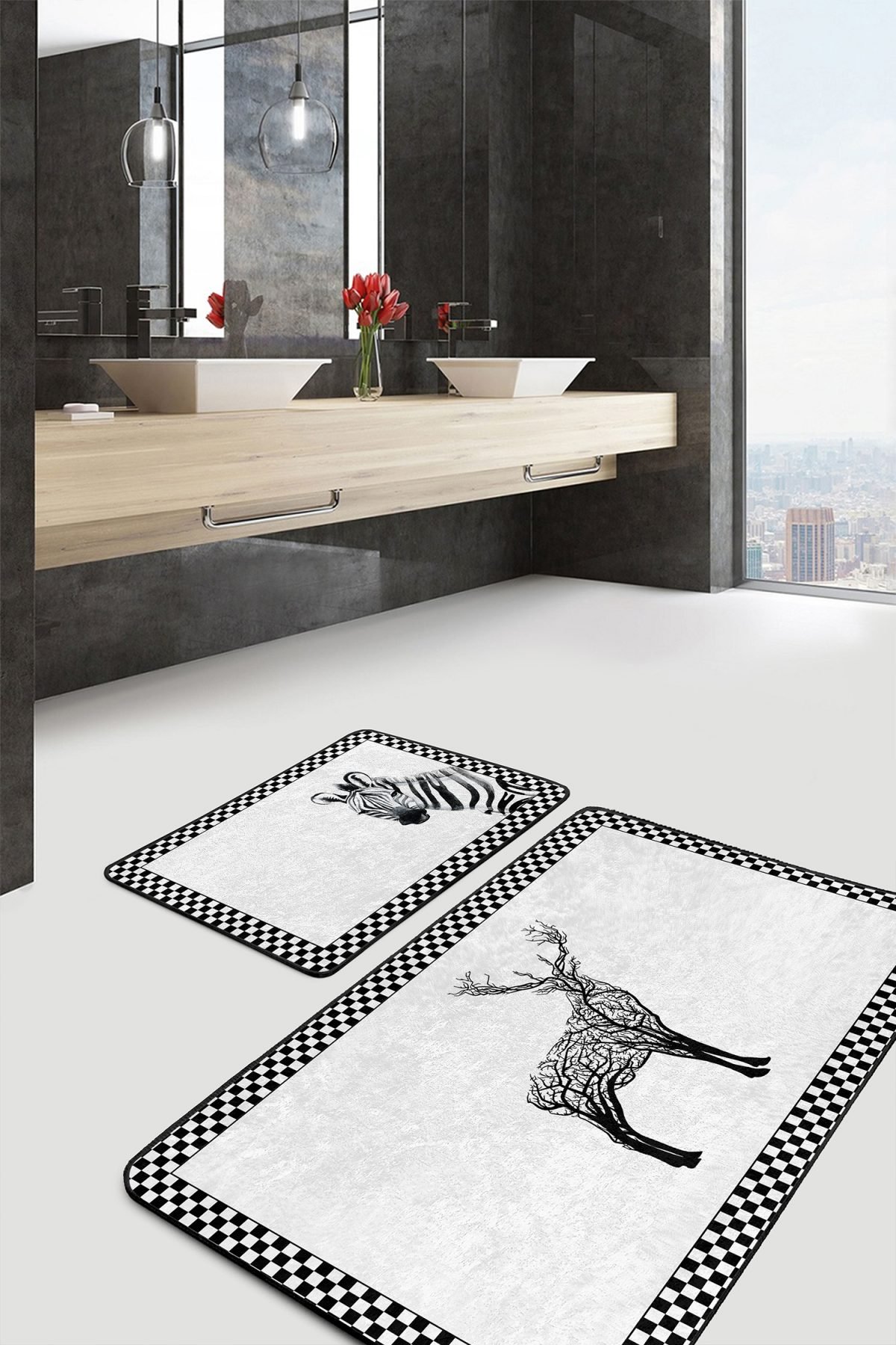 Zebra Motifli Geytik Tasarımlı 2'li Banyo Paspas Takımı & Mutfak Paspas Seti Realhomes