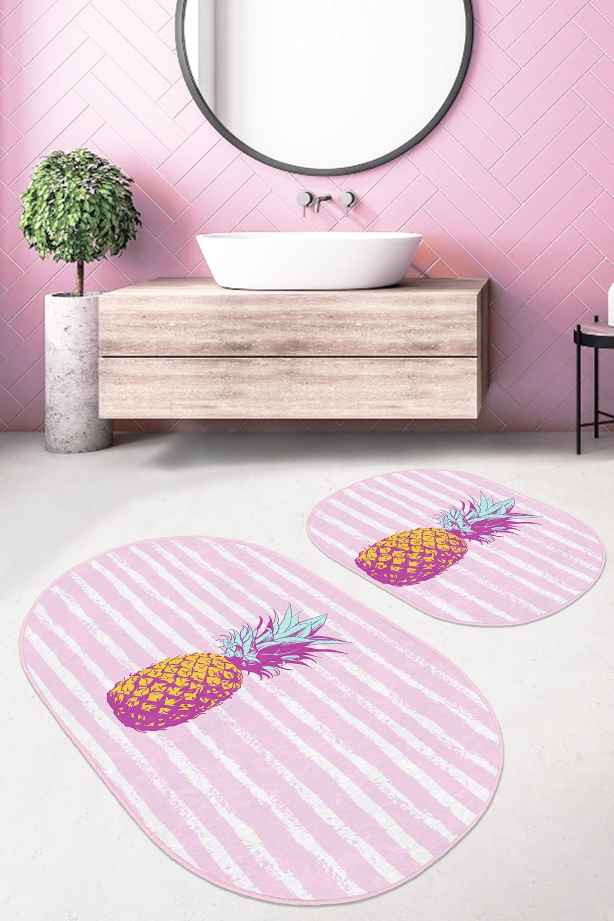 Pembe Düz Çizgili Ananas Motifli 2'li Oval Kaymaz Tabanlı Banyo & Mutfak Paspas Takımı Realhomes