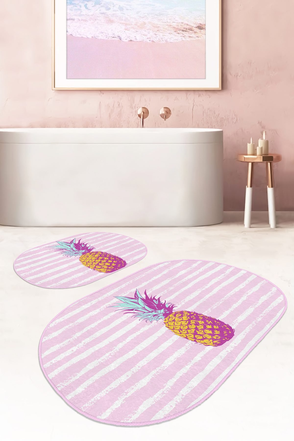 Pembe Düz Çizgili Ananas Motifli 2'li Oval Kaymaz Tabanlı Banyo & Mutfak Paspas Takımı Realhomes