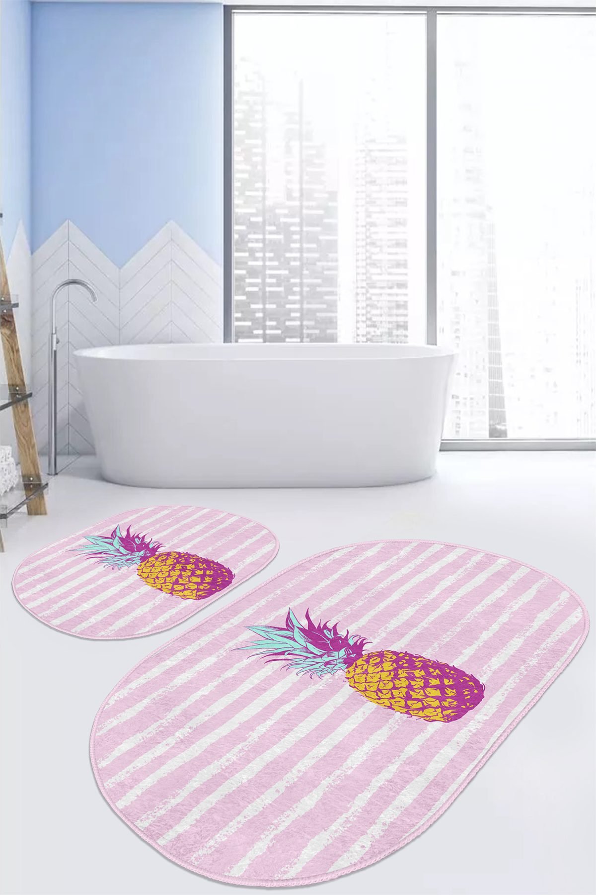 Pembe Düz Çizgili Ananas Motifli 2'li Oval Kaymaz Tabanlı Banyo & Mutfak Paspas Takımı Realhomes