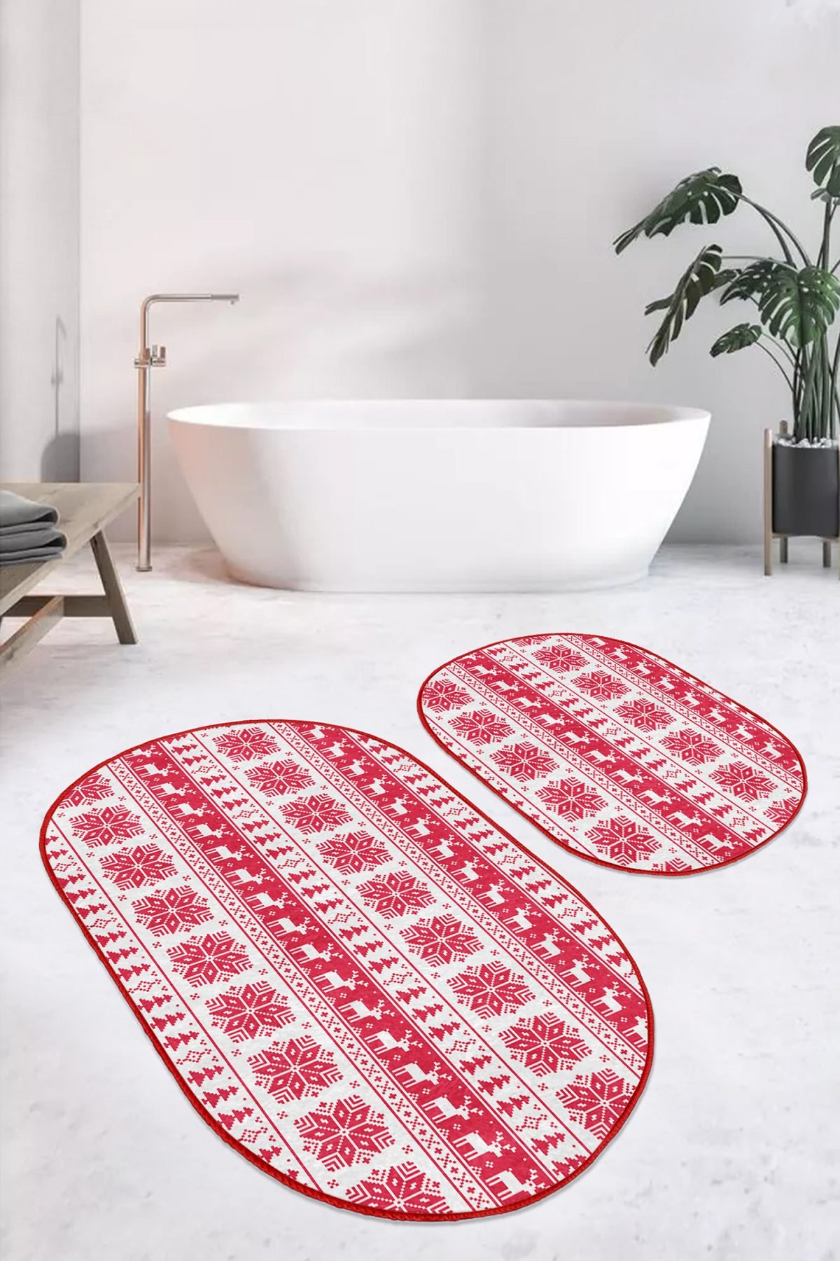 Mery Christmas Temalı Özel Tasarım 2'li Oval Kaymaz Tabanlı Banyo & Mutfak Paspas Takımı Realhomes