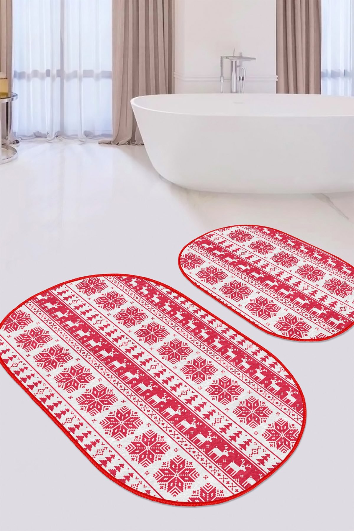 Mery Christmas Temalı Özel Tasarım 2'li Oval Kaymaz Tabanlı Banyo & Mutfak Paspas Takımı Realhomes