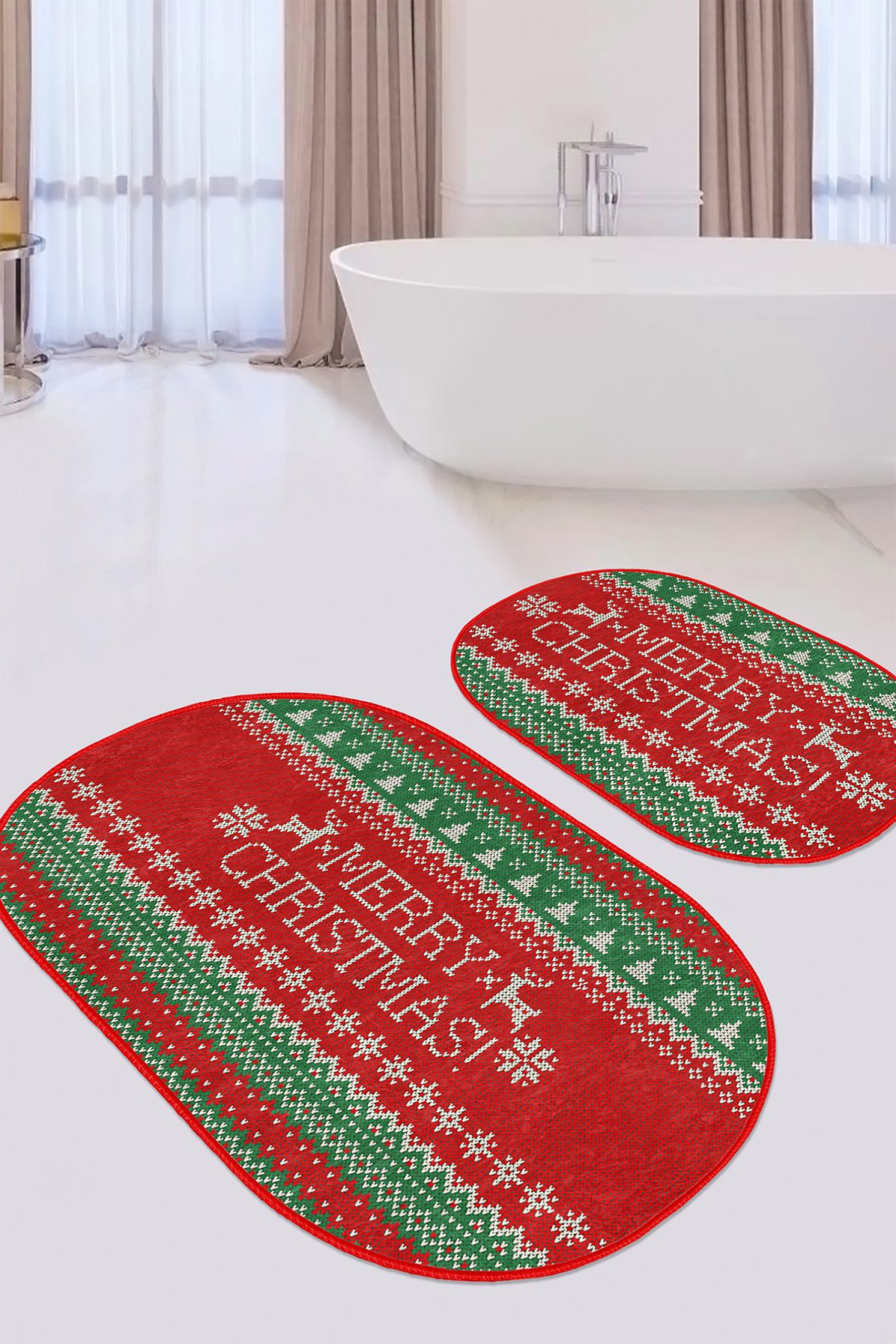 Mery Christmas Yılbaşı Temalı Özel Tasarım 2'li Oval Kaymaz Tabanlı Banyo & Mutfak Paspas Takımı Realhomes