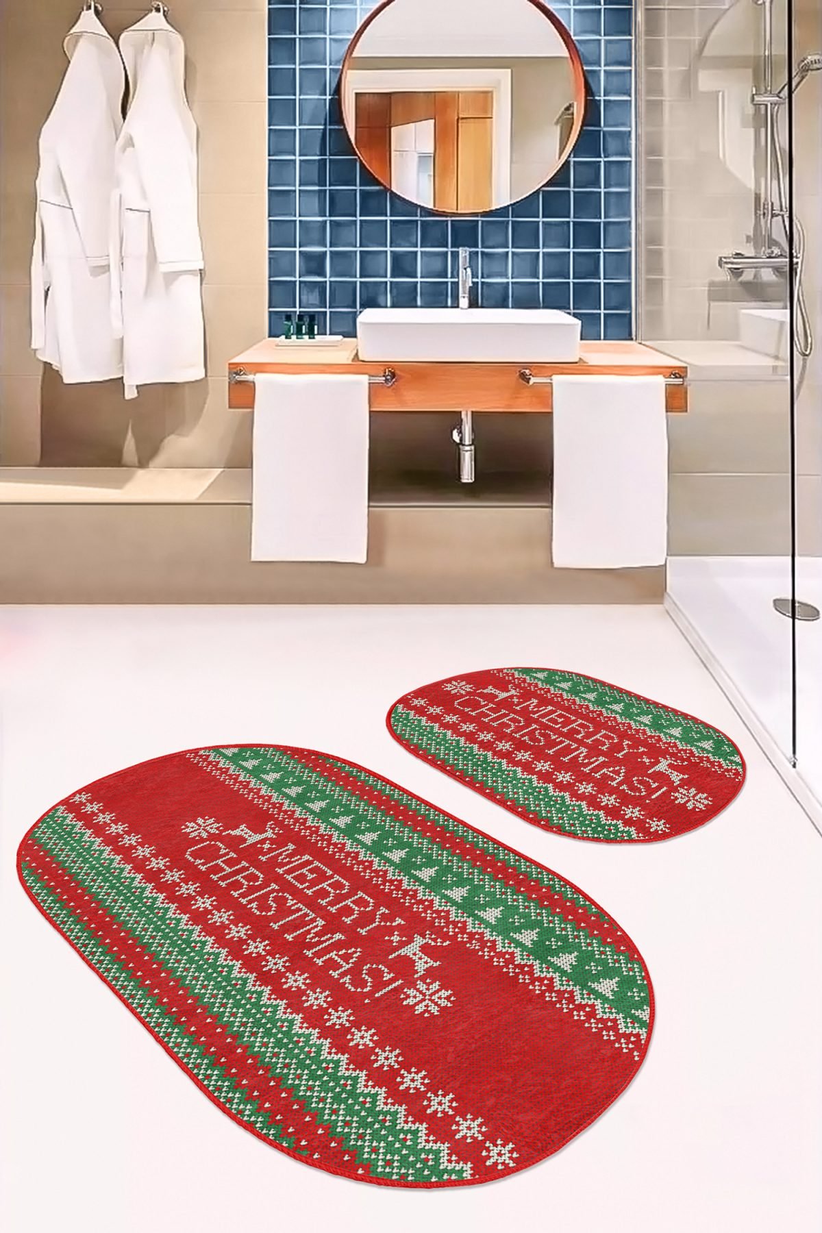 Mery Christmas Yılbaşı Temalı Özel Tasarım 2'li Oval Kaymaz Tabanlı Banyo & Mutfak Paspas Takımı Realhomes