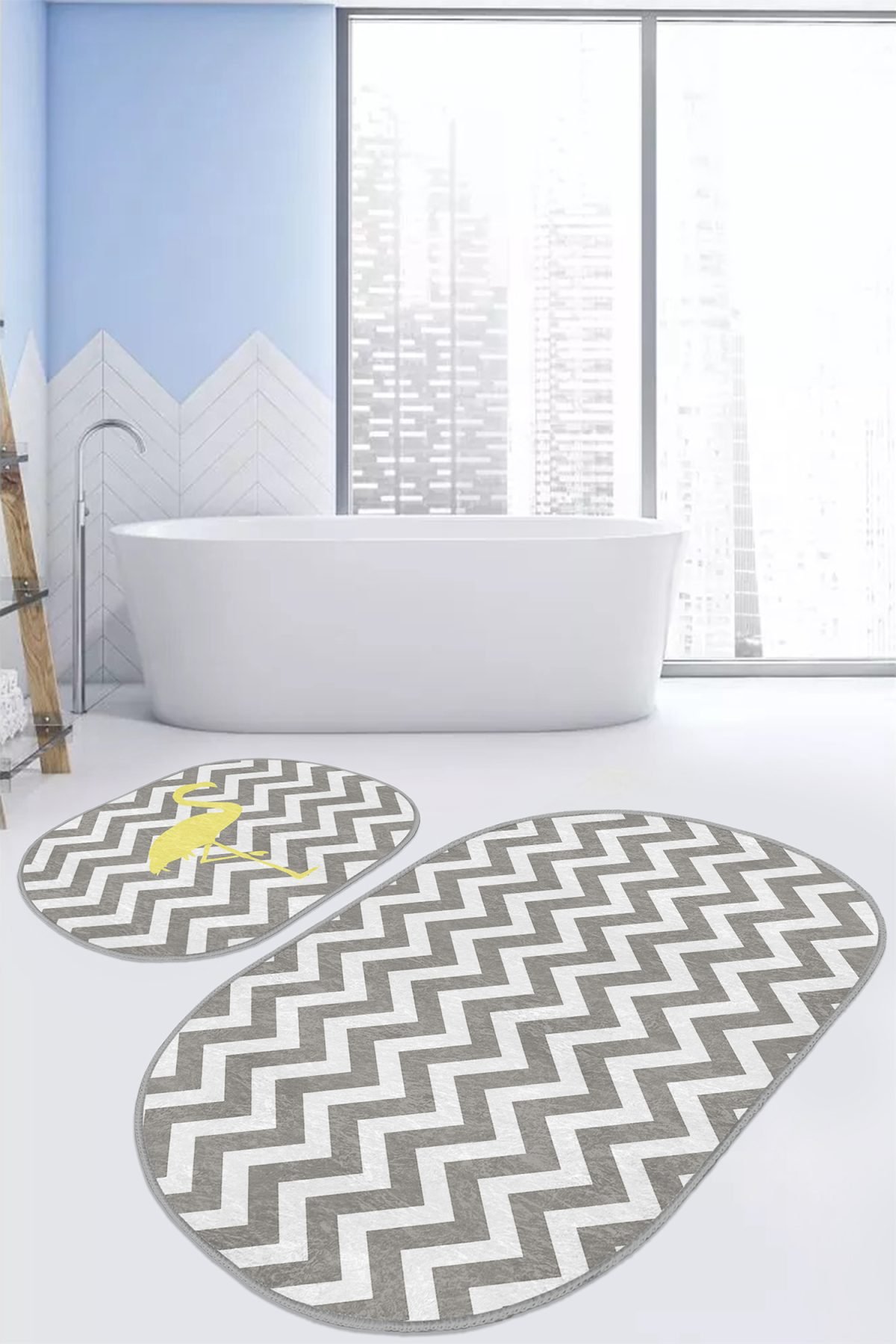 Gri Zigzag Motifli Dijital Baskılı Flamingo Motifli 2'li Oval Kaymaz Tabanlı Banyo & Mutfak Paspas Takımı Realhomes