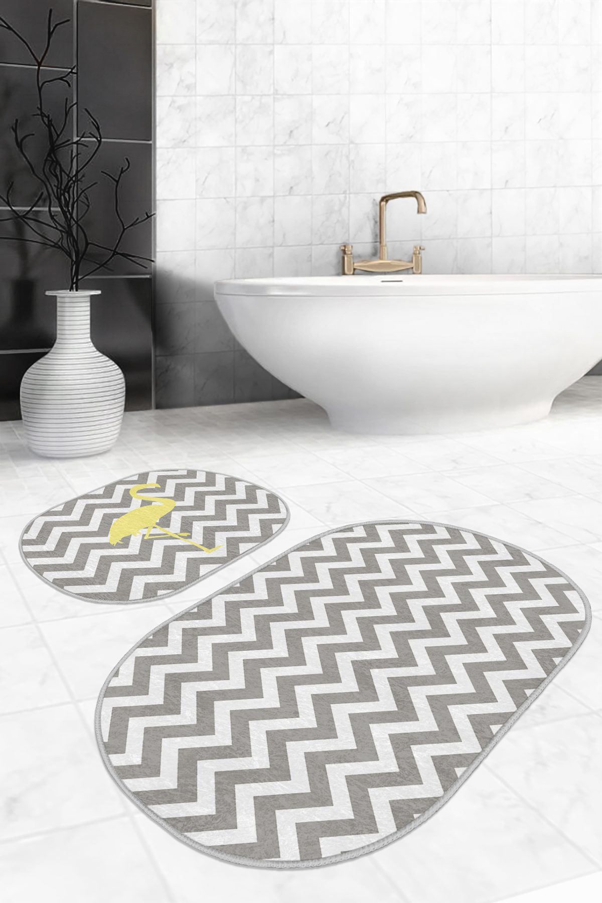 Gri Zigzag Motifli Dijital Baskılı Flamingo Motifli 2'li Oval Kaymaz Tabanlı Banyo & Mutfak Paspas Takımı Realhomes