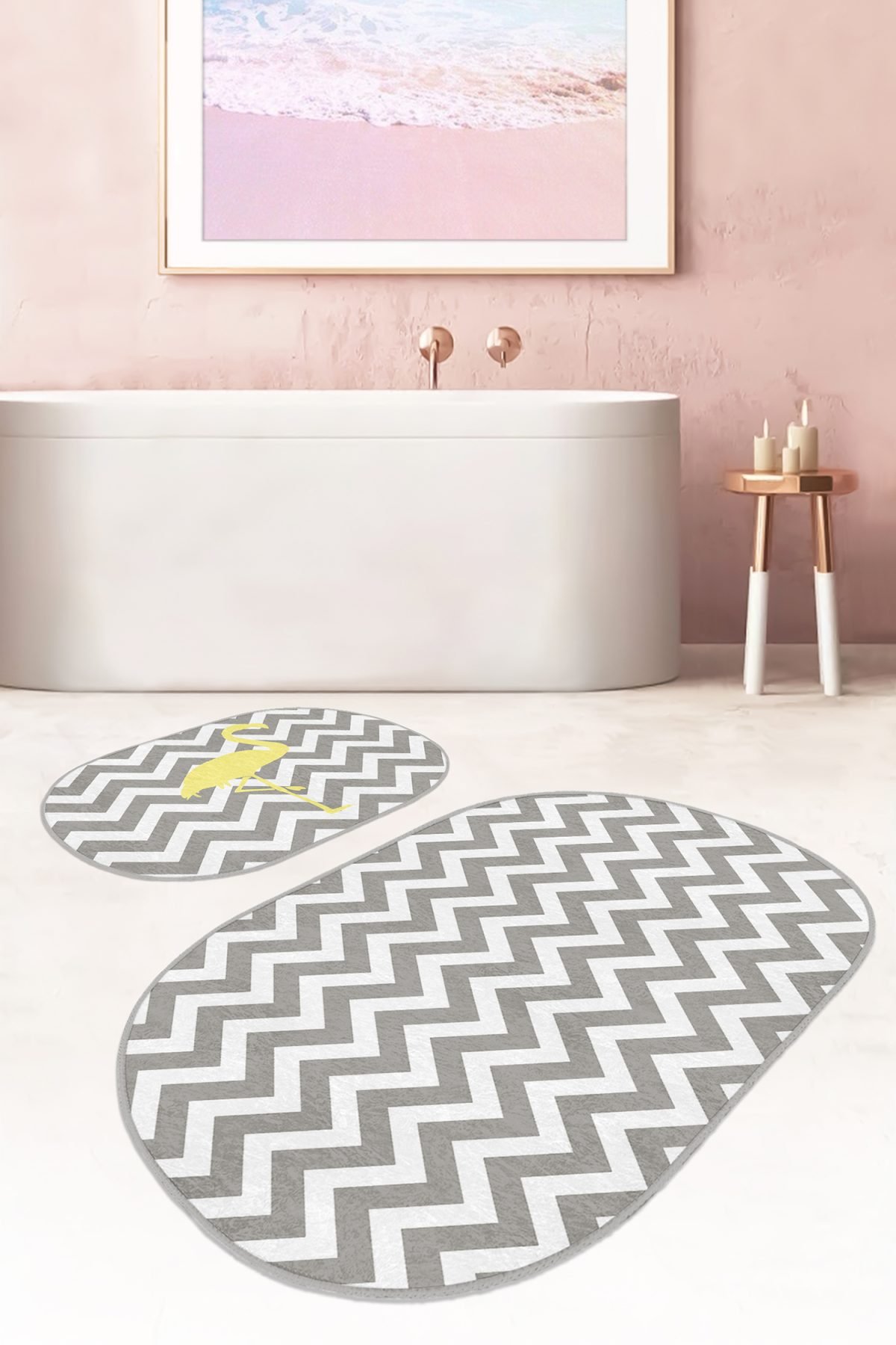 Gri Zigzag Motifli Dijital Baskılı Flamingo Motifli 2'li Oval Kaymaz Tabanlı Banyo & Mutfak Paspas Takımı Realhomes