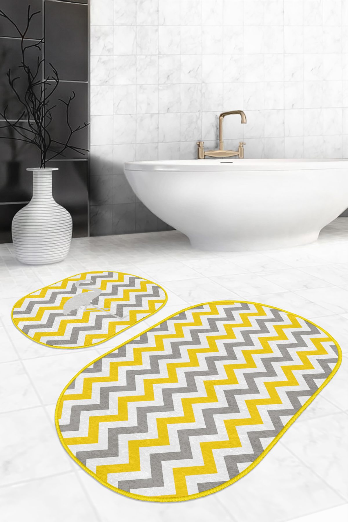 Sarı Gri Zigzag Tasarımlı Flamingo Motifli 2'li Oval Kaymaz Tabanlı Banyo & Mutfak Paspas Takımı Realhomes