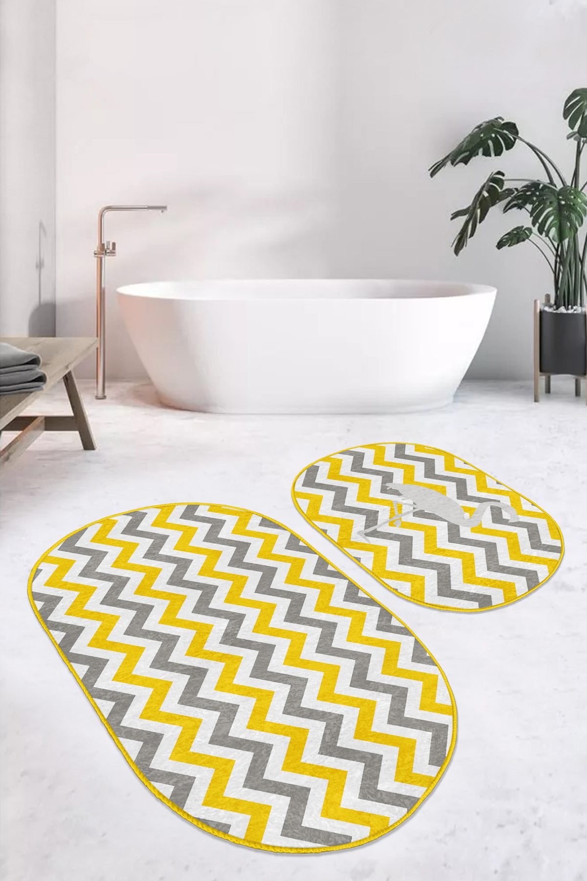 Sarı Gri Zigzag Tasarımlı Flamingo Motifli 2'li Oval Kaymaz Tabanlı Banyo & Mutfak Paspas Takımı Realhomes