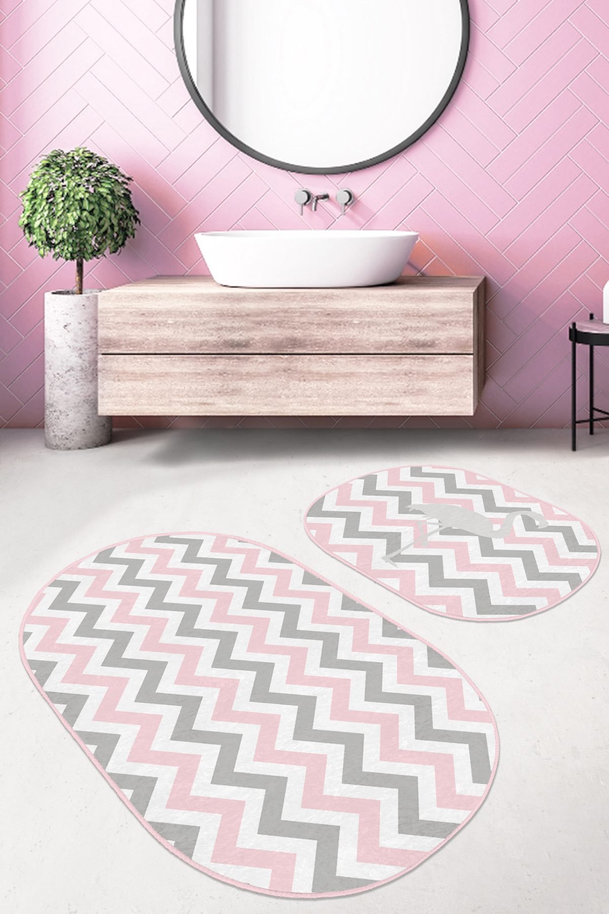 Pembe Gri Zigzag Motifli Flaminto Tasarımlı 2'li Oval Kaymaz Tabanlı Banyo & Mutfak Paspas Takımı Realhomes