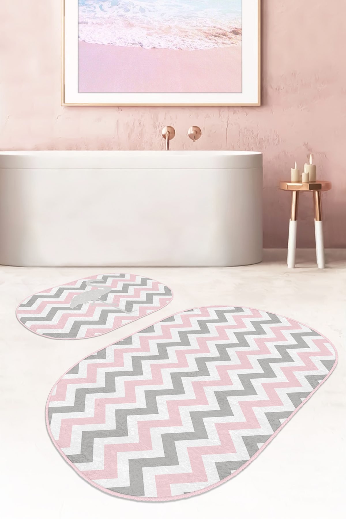 Pembe Gri Zigzag Motifli Flaminto Tasarımlı 2'li Oval Kaymaz Tabanlı Banyo & Mutfak Paspas Takımı Realhomes