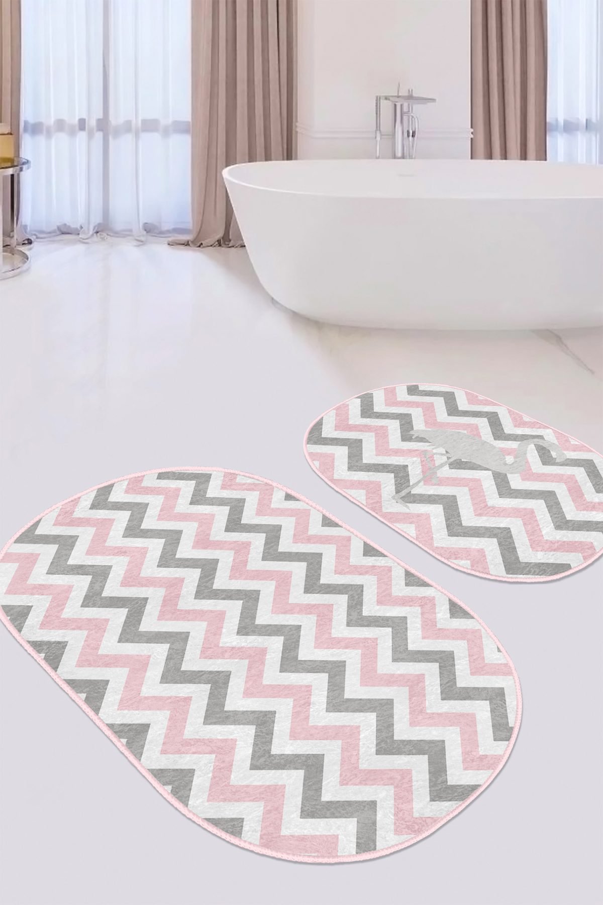 Pembe Gri Zigzag Motifli Flaminto Tasarımlı 2'li Oval Kaymaz Tabanlı Banyo & Mutfak Paspas Takımı Realhomes