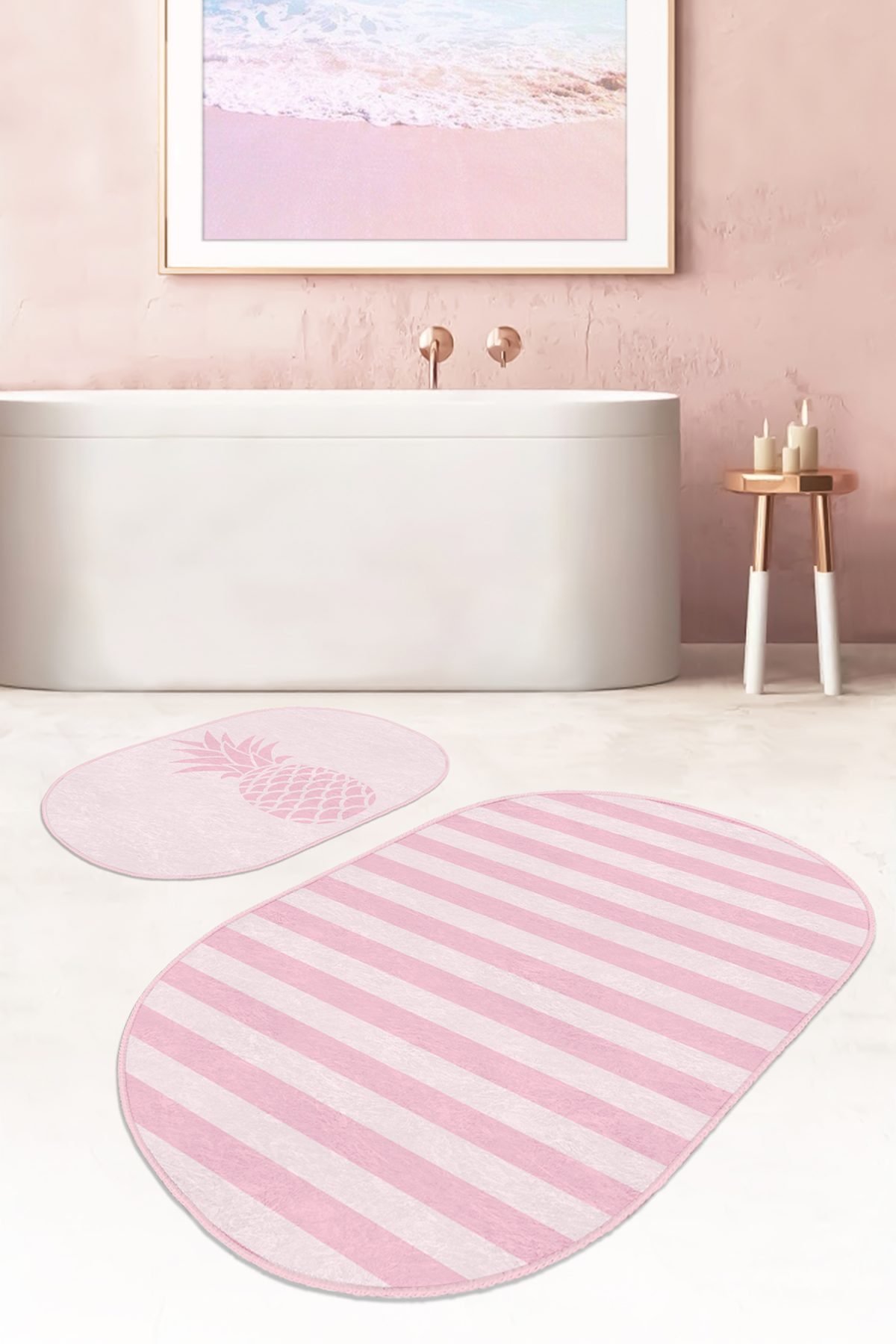 Pembe Çizgili Ananas Motifli 2'li Oval Kaymaz Tabanlı Banyo & Mutfak Paspas Takımı Realhomes