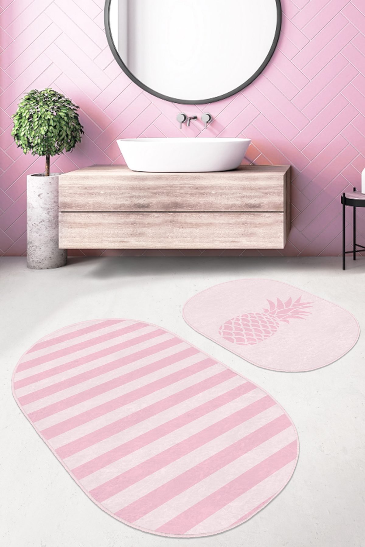 Pembe Çizgili Ananas Motifli 2'li Oval Kaymaz Tabanlı Banyo & Mutfak Paspas Takımı Realhomes