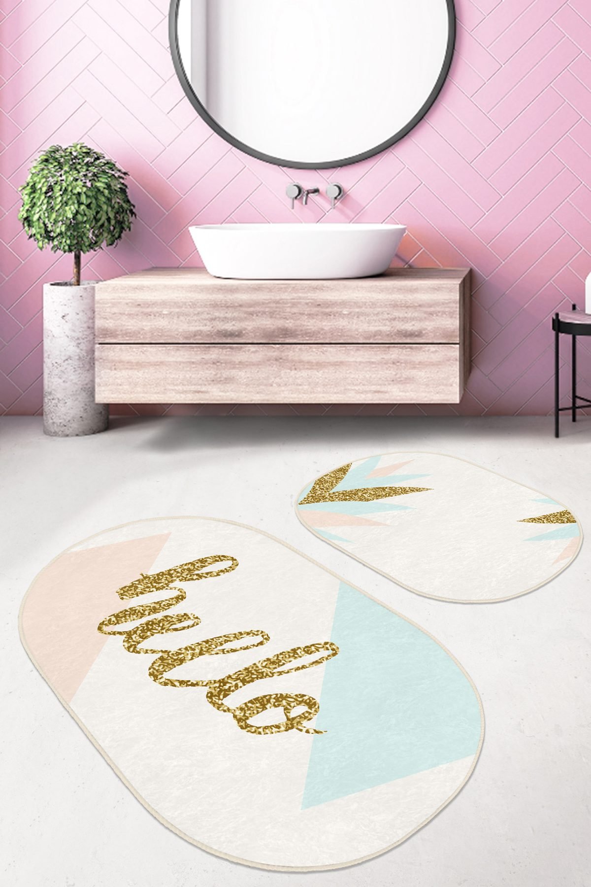 Soft Renkli Gold Detaylı Hello Temalı 2'li Oval Kaymaz Tabanlı Banyo & Mutfak Paspas Takımı Realhomes